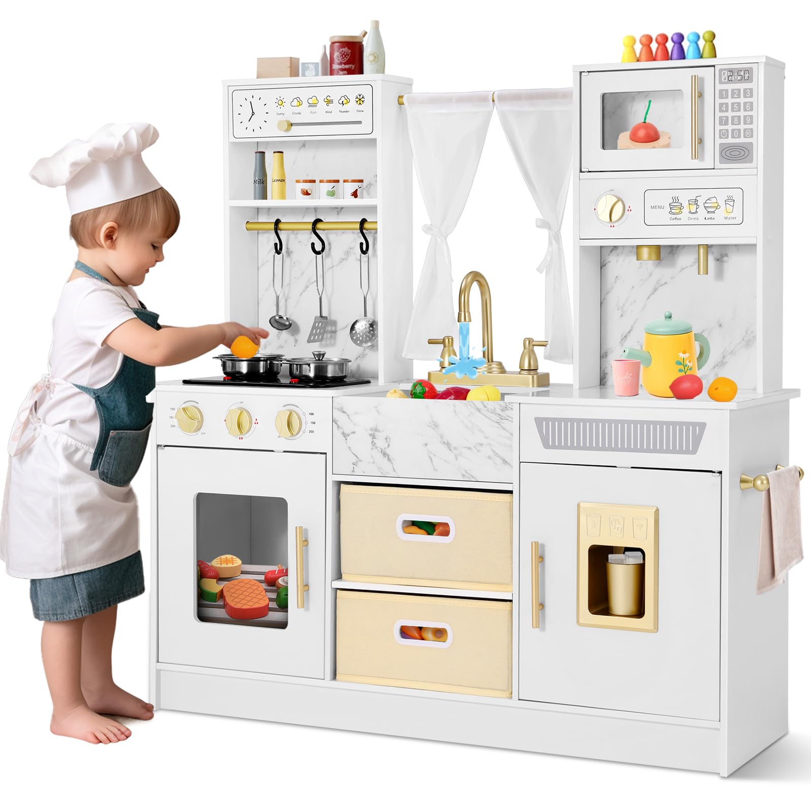 Kids Wooden Kitchen, Large Pretend Role Play Kitchen Toys with Realistic Oven, Microwave, Water Dispenser and Sink with Taps, Kitchen Playset with Sound and Light for Kids — image 1