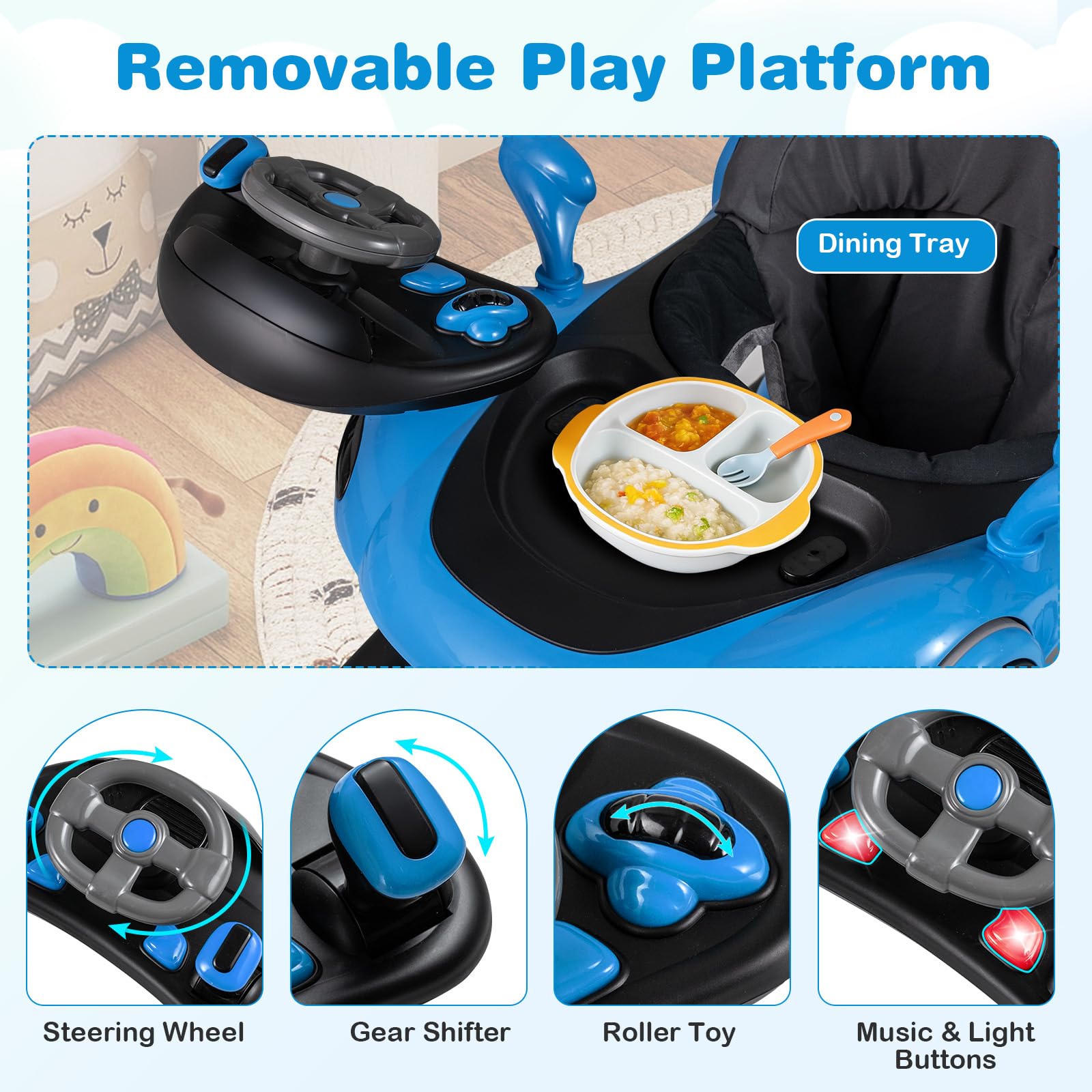 COSTWAY 7 in 1 Lauflernhilfe mit Verdeck, Lauflerwagen mit einstellbarer Höhe & Geschwindigkeit, Baby Walker klappbar mit Spielboard, Musik, Licht & Rädern, Gehfrei Baby ab 6 Monaten (Blau) - 5