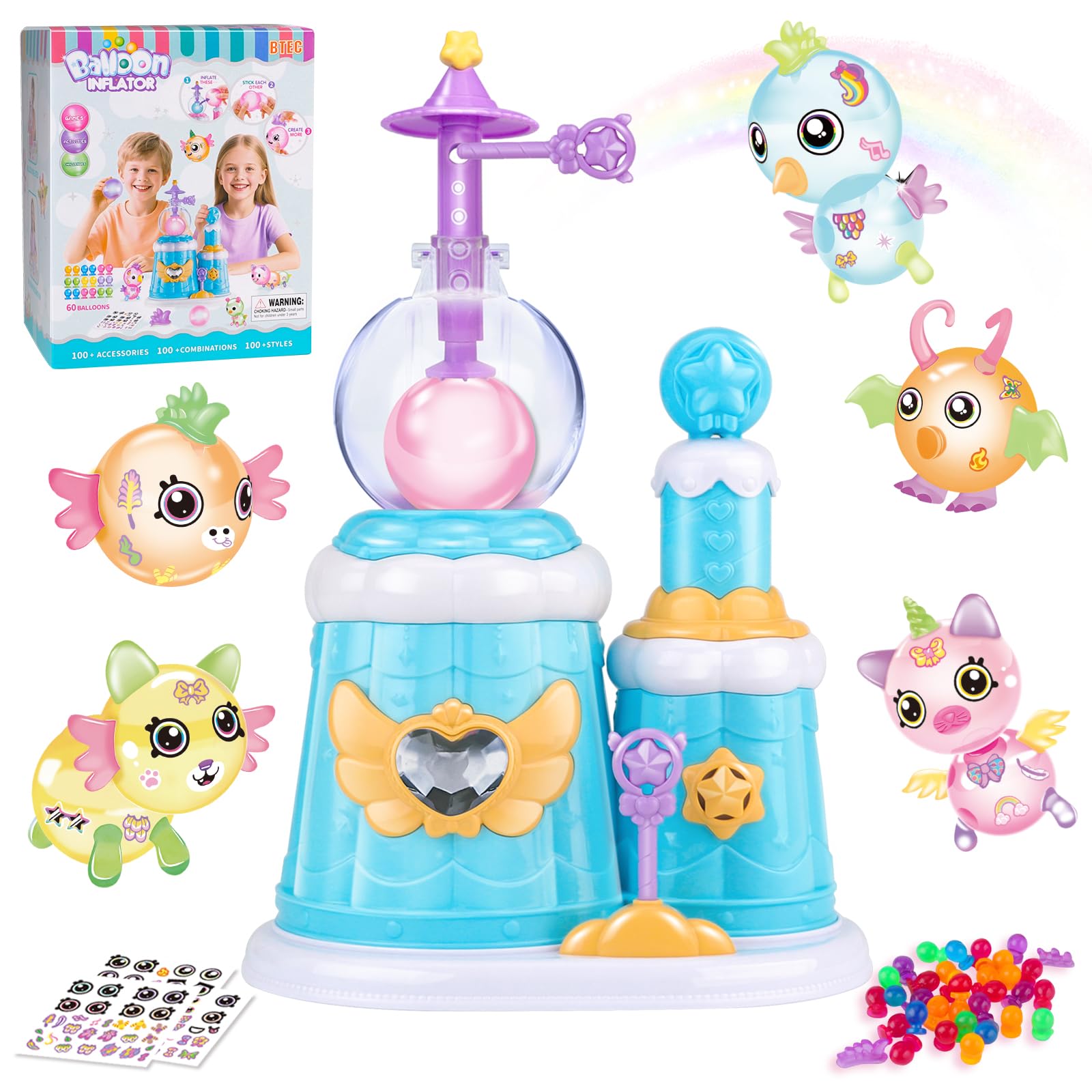 BTEC 195PCS Princess Blue DIY Balloon Animals Craft Kit with Pump, DIY Sticky Balloon Maker Toy with Bouncy Balloons & 3D Stickers & Accessories, Christmas Birthday Gifts for Kids Boys Girls Ages 3+