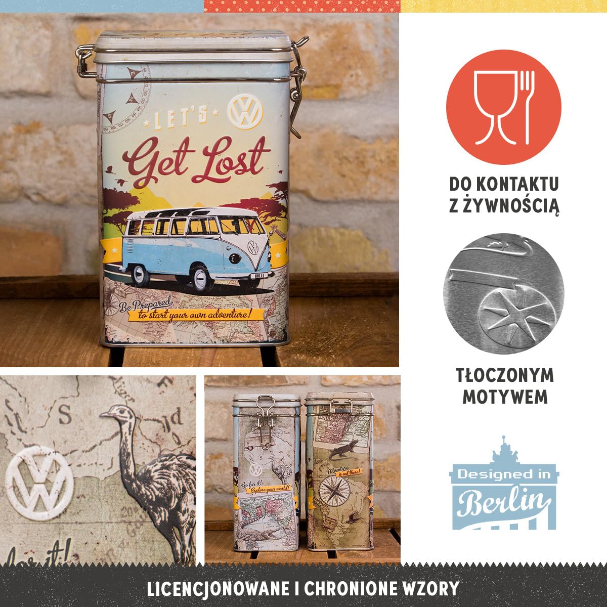 Nostalgic-Art Retro puszka na kawę, 1,3 l, VW Bulli – Let's Get Lost – Pomysł na prezent dla miłośnika Volkswagena Busa, Official License Product (OLP), z pokrywką aromatyczną, Styl vintage