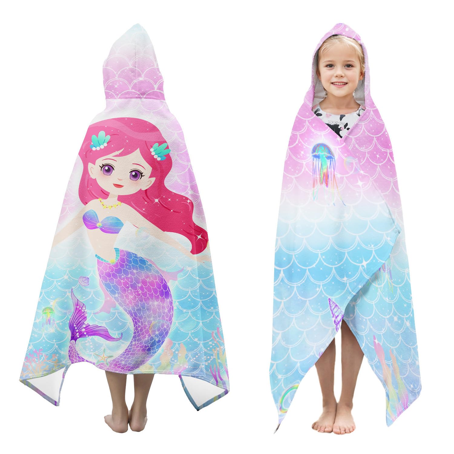 Mermaid Hooded Beach Towel for Girls, Gradient 35x60 in Bath Swim Wrap