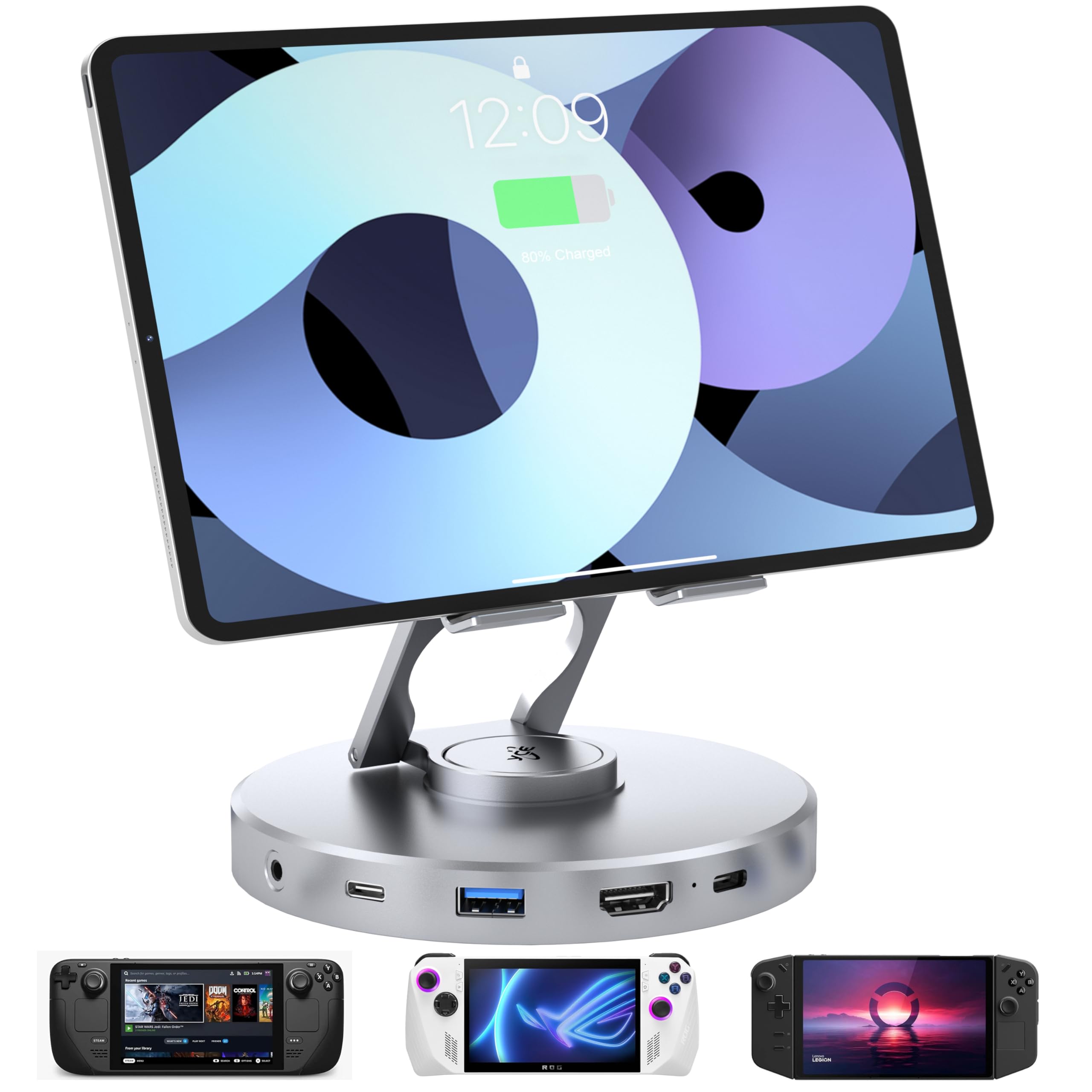 Docking Station 10 in 1 iPad Handheld Console Dock with 4K@60Hz HDMI,SD/TF 4.0 100W PD,3.5mm Audio Jack,USB A,USB C Rotatable Folding Type-C Hub Tablet Stand Holder for iPad,Steam Deck,ROG Ally,Phone