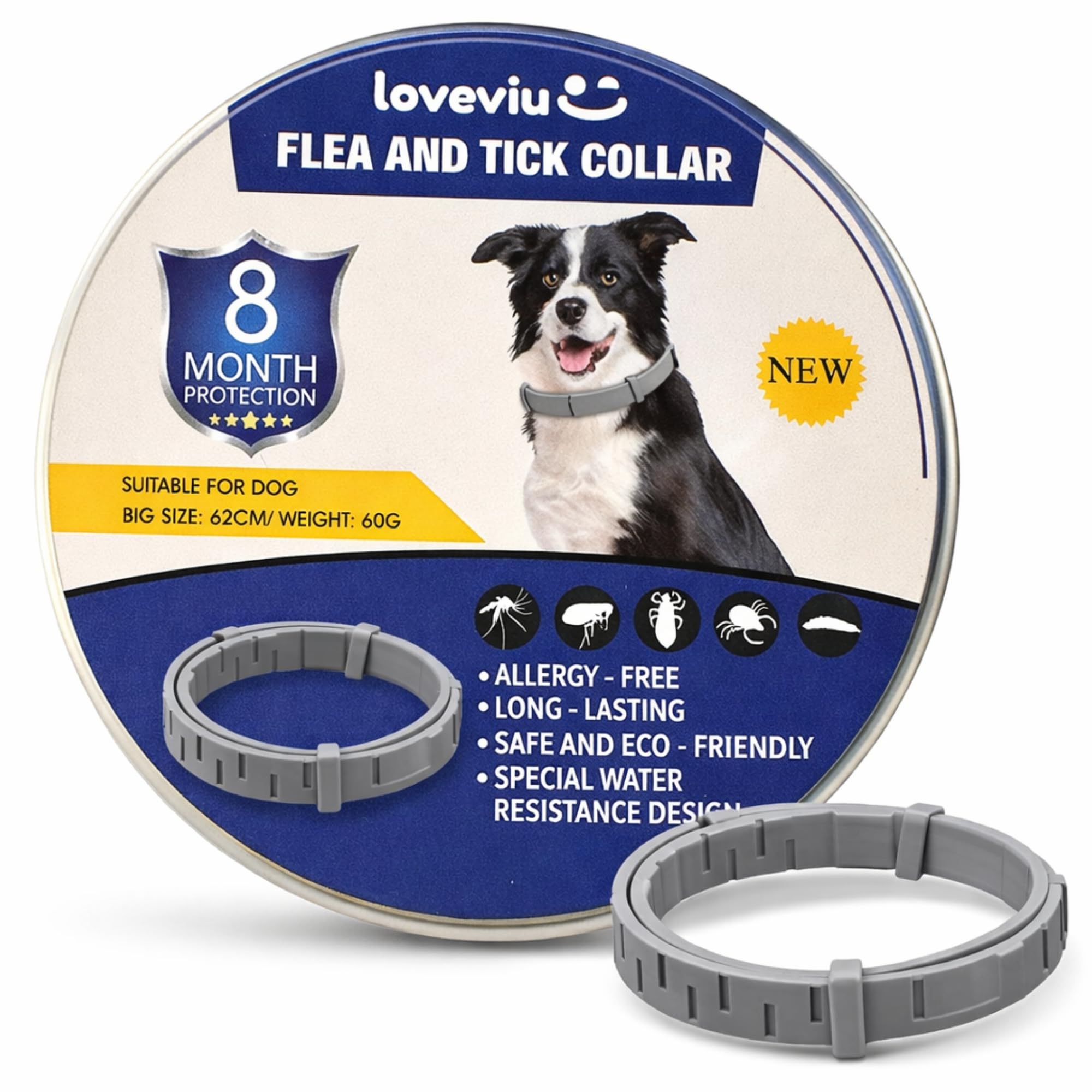 Collar Antiparasitario Perros Grandes o Medianos 100% Natural – Protección 8 Meses – 65 cms, Impermeable y Ajustable, Uso al Aire Libre