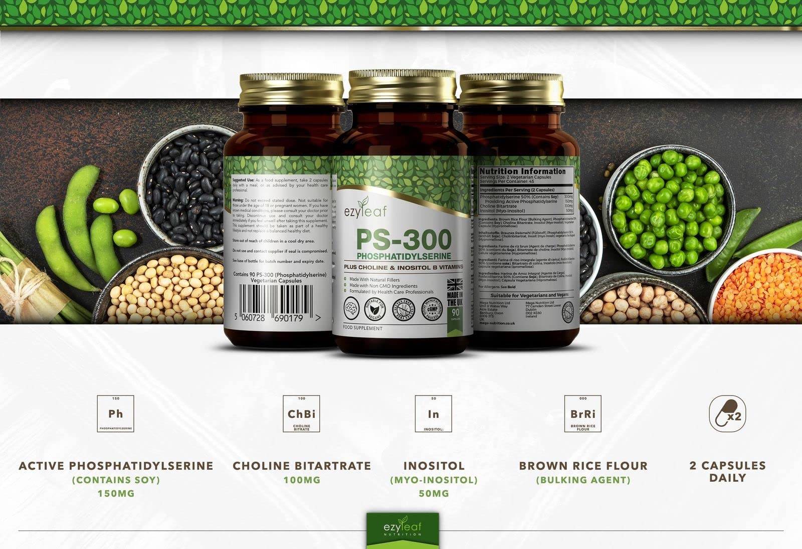 Ezyleaf Fosfatidilserina PS-300 con Bitartrato de Colina y Myo Inositol | 90 Cápsulas de Alta Potencia - Porción de 300mg | Fosfatidilserina y Colina | Sin OGM ni Gluten, Certificación ISO del RU