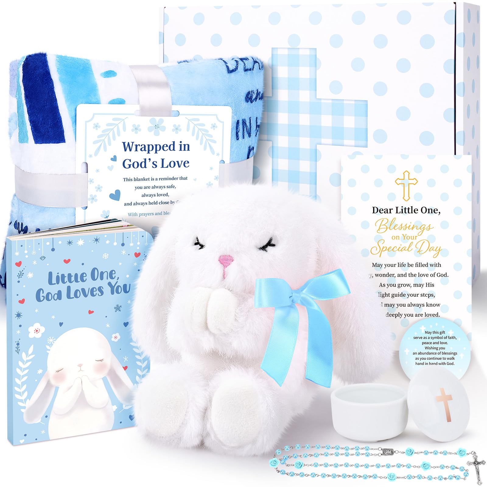 Baptism Gifts for Girl Boy Baptism Gifts Baby Boy Christening Gift, Christening Stuffed Animal Bunny, Baby Dedication Gift, First Rosary Beads, Prayer Book, Keepsake Blanket, Baptism Gift Set (Blue)