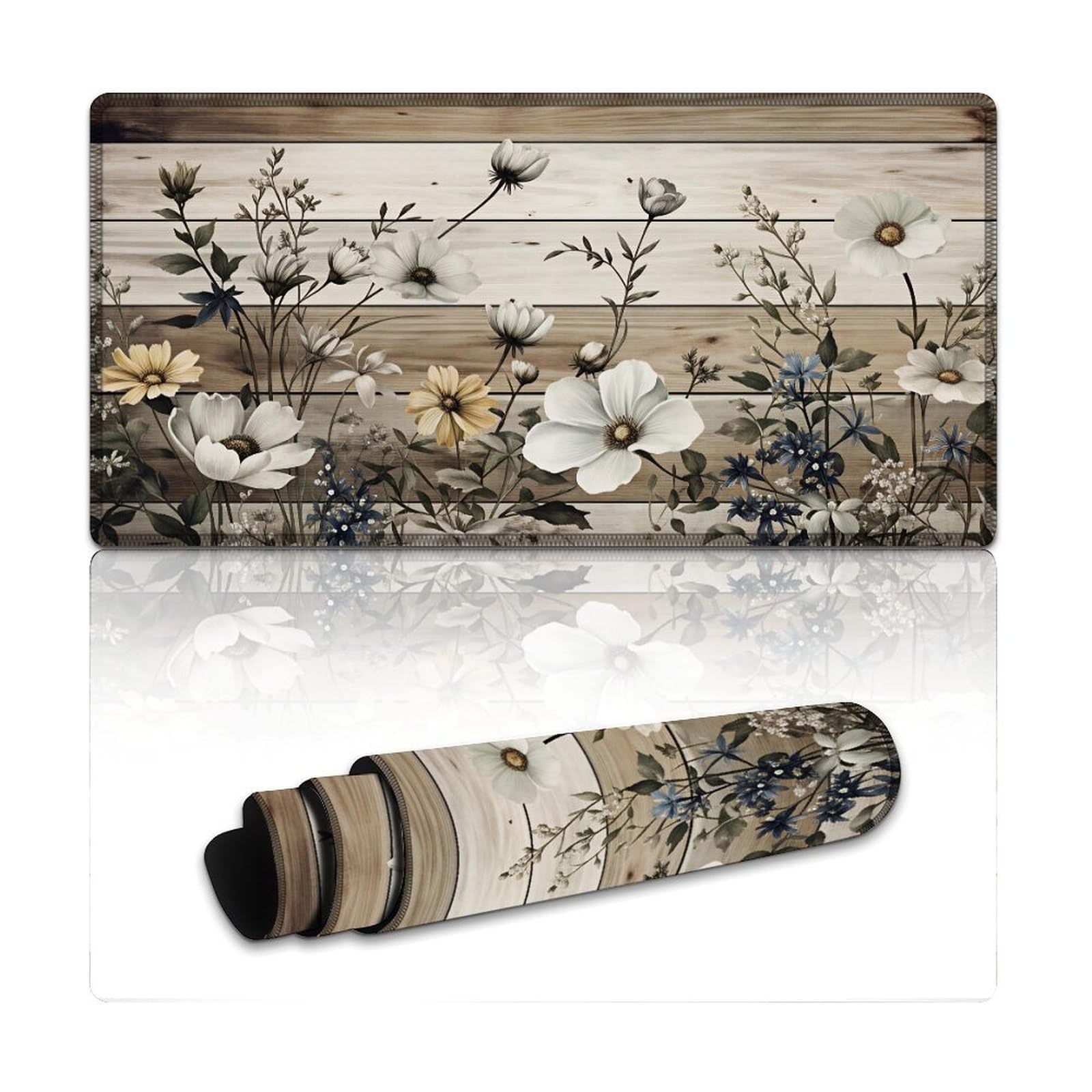 Floral Large Mouse Pad 12"×24" inch Extended Gaming Mousepad Desk Mat Long Computer Keyboard Non-Slip Base Stitched Edges for Home Office Work