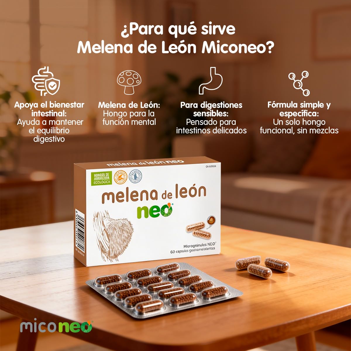 Mico NEO | Hongos Melena de León | Apoyo Digestivo Natural | Apto para Vegetarianos | Sin Gluten ni Derivados Lácteos | Microgránulos NEO | 60 Cápsulas