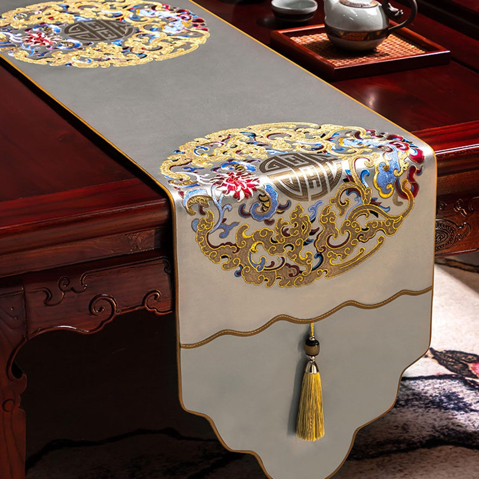 Vintage Chinese Satin Table Runner, Embroidered Fu with Tassels, Rustic Home Decor Scarf for Dining Table Tea Cabinet Dresser(Grey,220cm/86.6in)
