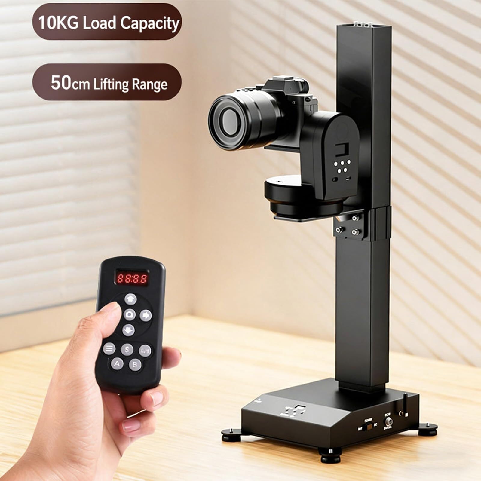 Pionowy slider kamer z napędem silnikowym, 50-500 mm, automatyczny podnośnik do transmisji na żywo z funkcją obrotu i pochylenia, z pilotem, 10 zaprogramowanych wysokości, udźwig 10 kg