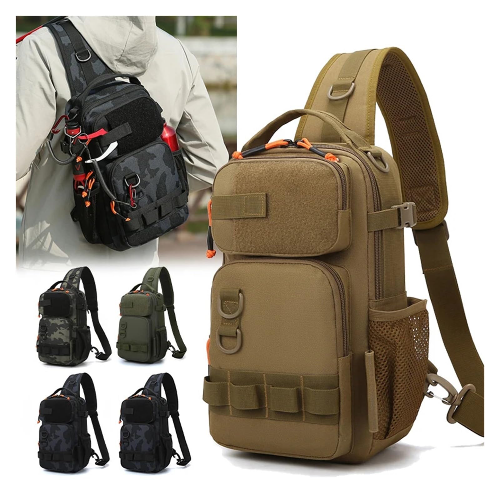 Sac de Peche Sac à Dos for leurres de pêche avec Porte-Cannes, Sac Poitrine Molle, Sacs Banane multifonctionnels, d'épaule randonnée en Plein air, Grand étui(Color 05)