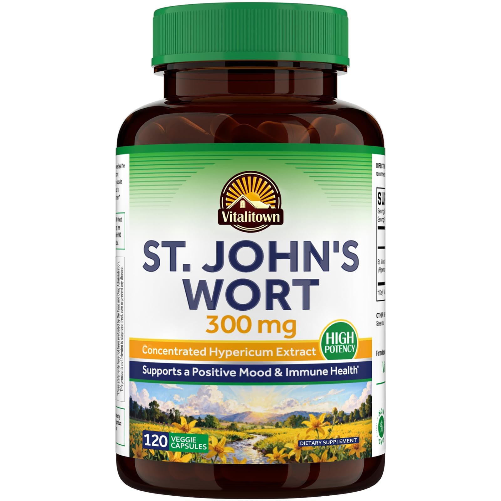 Vitalitown St. John's Wort 300mg, Concentrated Herbal Extract, One Daily, Rich in Hypericin, Non-GMO, Mood & Nerve Health Support, 120 Vegan Capsules