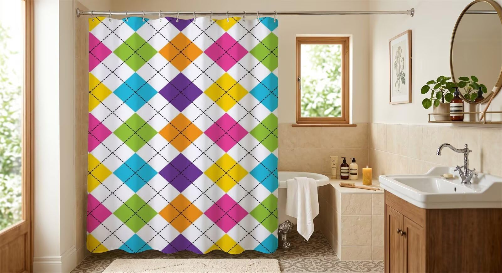 Rideau de douche 120 x 180 cm géométrie colorée avec 8 crochets pour salle de bain