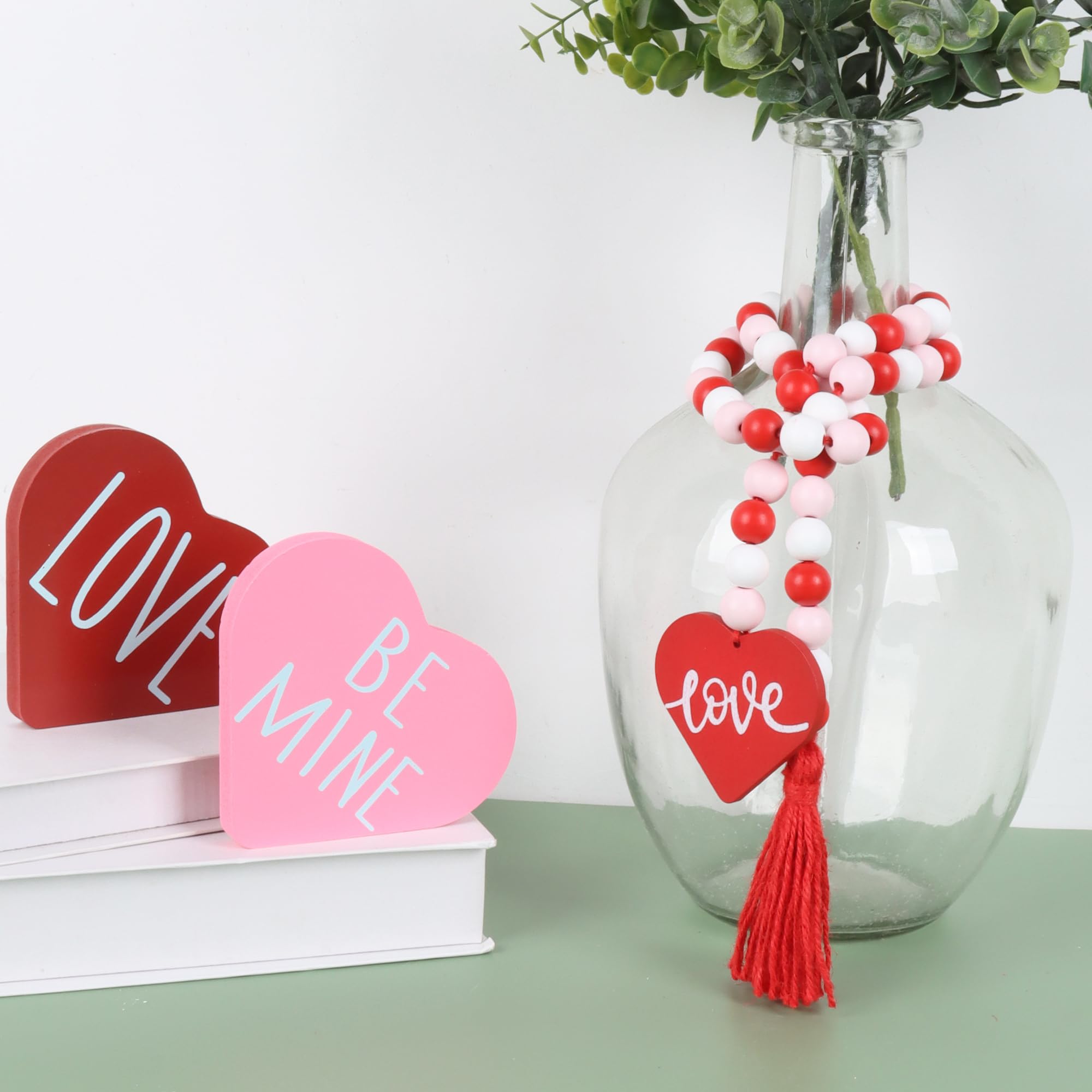 Valentinstag-Holzperlen-Girlande mit Quaste, Valentinstag, abgestuftes Tablett, Dekoration, Bauernhaus, rustikale Perlengirlande mit rotem Herz für Wandbehang, Heimdekorationen