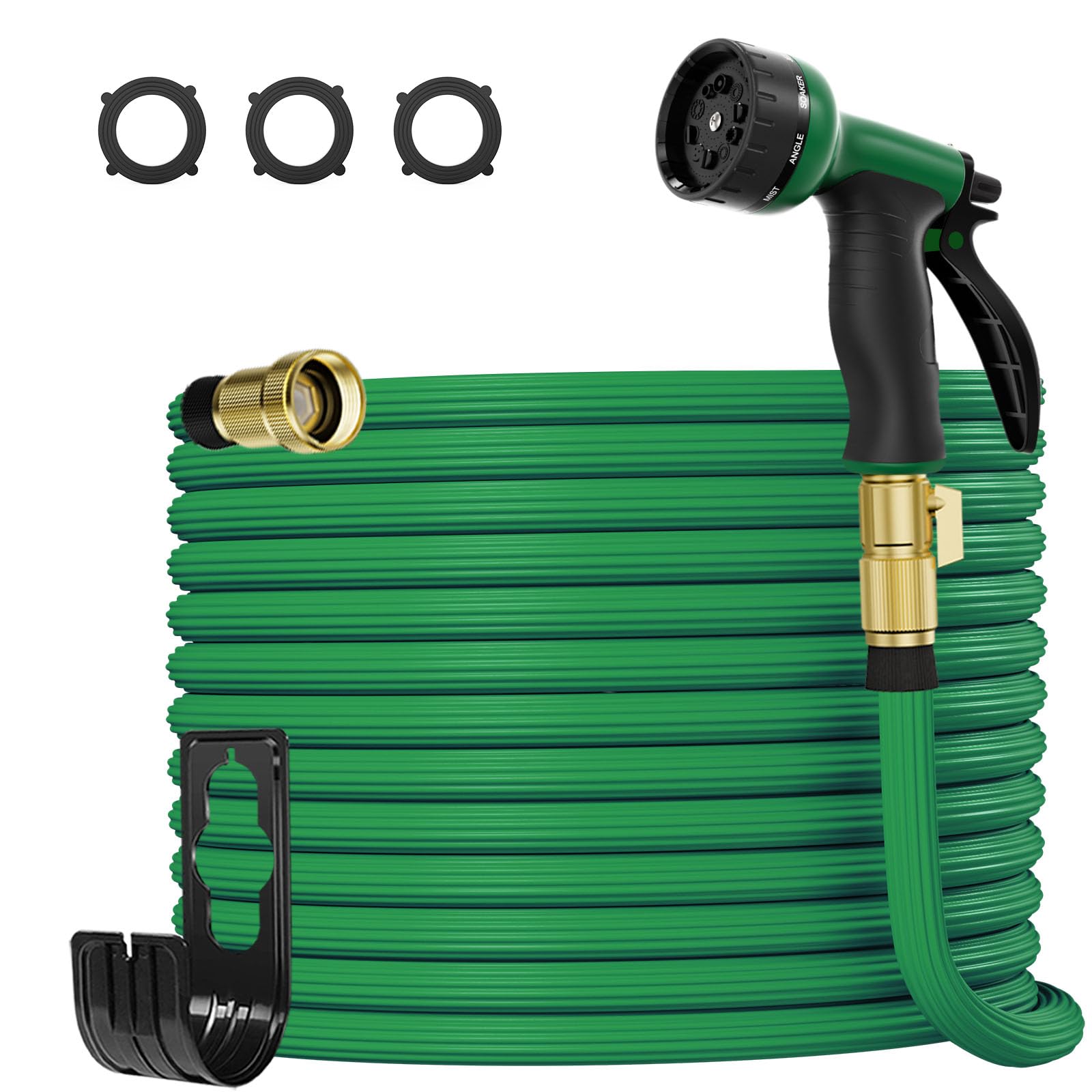 Expandable Garden Hose 50ft, Thickened Leakproof Water Hose with 10 Function Spray Nozzle, 3/4" Solid Brass Connectors, Retractable Heavy Duty Hose Flexible Garden Hoses (Green)
