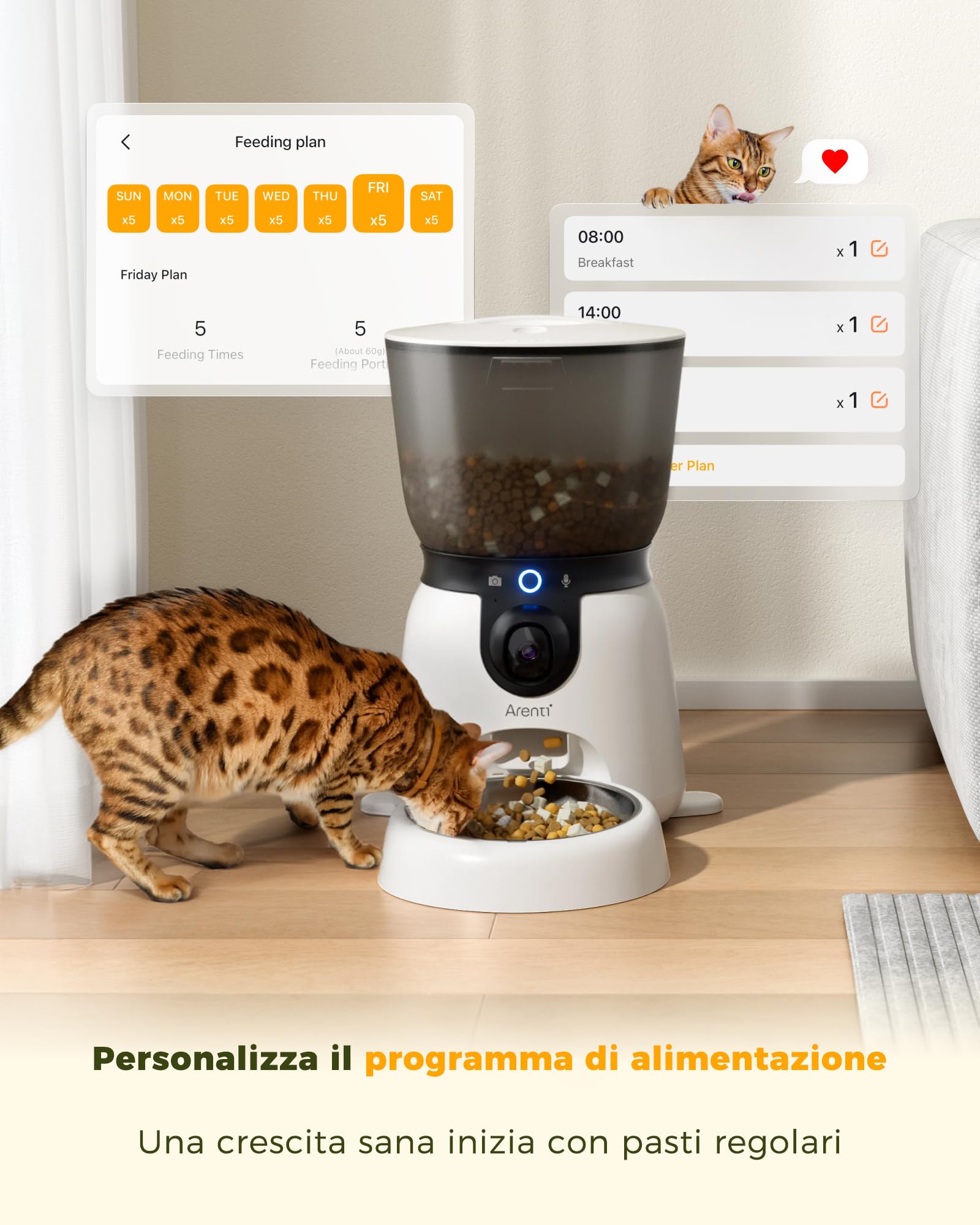 ARENTI Distributore Automatico Cibo per Gatti e Cani con Telecamera HD 2K/3MP,Fontanella per Gatti,WiFi 2.4G&5G,4.5L Dispenser Cibo Gatti/Cani con Audio Bidirezionale, Controllo APP