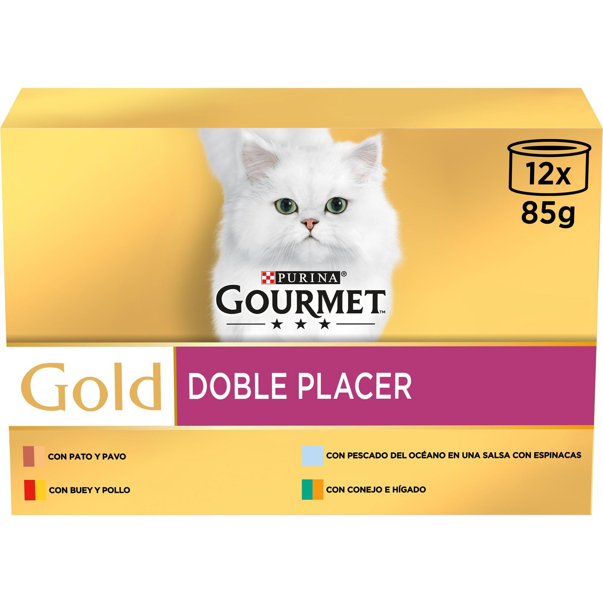 Gourmet Purina Gold Doble Placer, Comida Húmeda para Gato Pack Surtido, 8 Packs de 12 latas 85g - 96