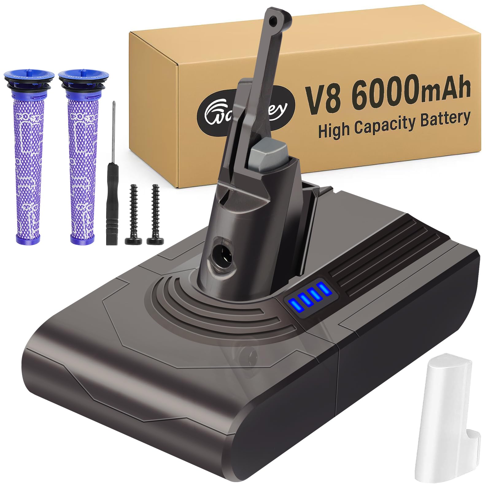 Waitley Batterie 6000mAh pour Batterie Dyson V8 SV10, Compatible avec Dyson V8 Absolute/Animal/Fluffy/Parquet/Motorhead aspirateur sans Fil, avec 2 filtres + Tournevis