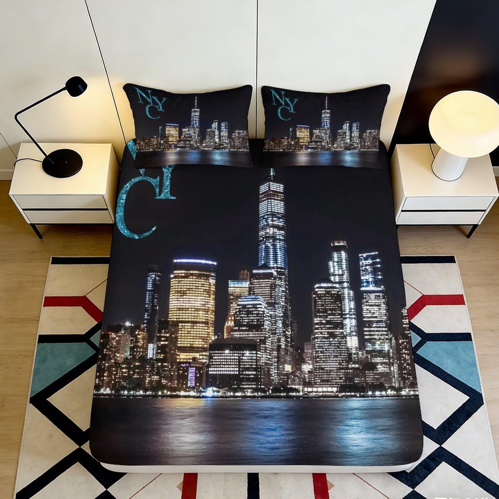 3D Printed New York Skyline Fitted Sheet Microfiber Night City Mattress Cover Bedroom Dorm Decor Easy Care 90x200x25cm