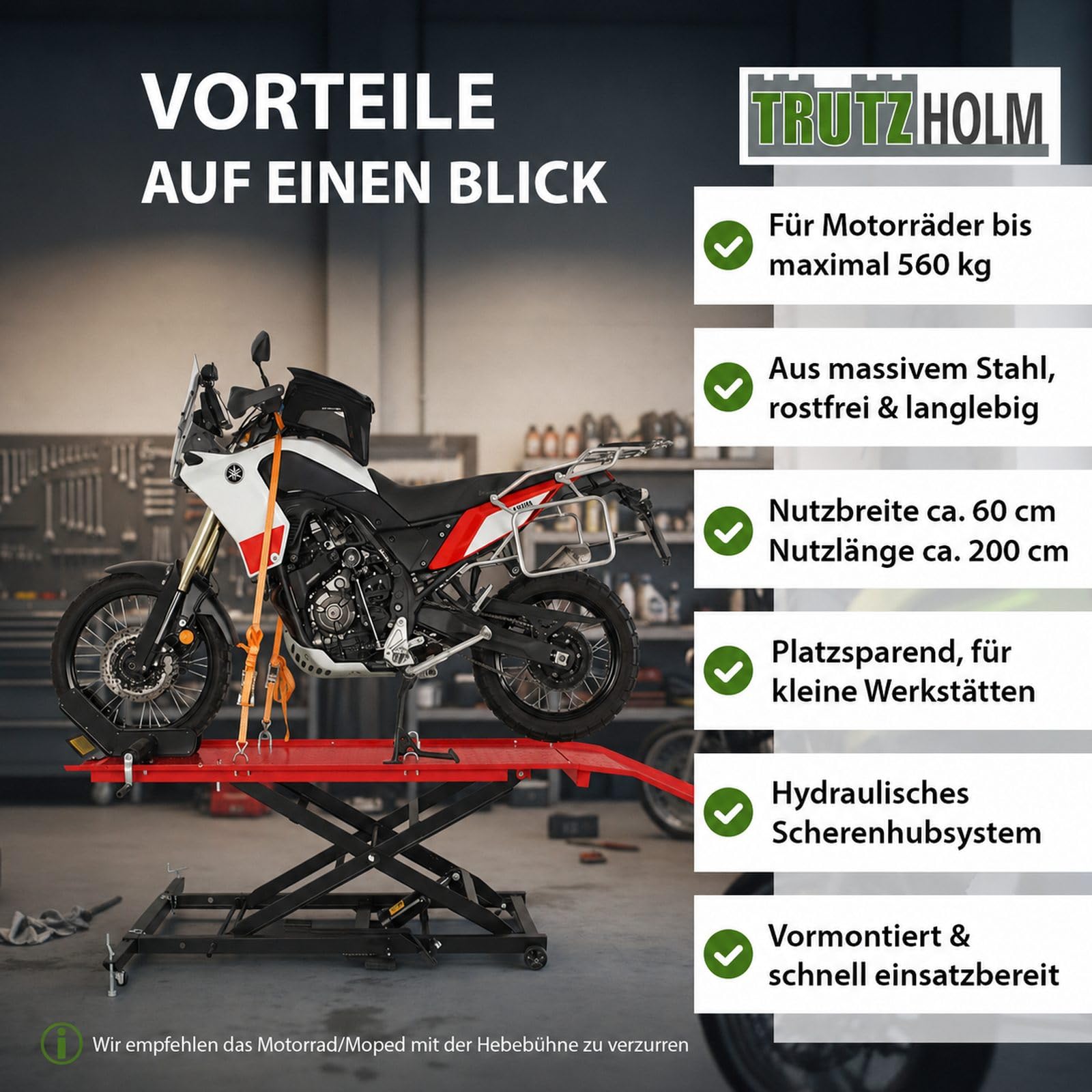 TRUTZHOLM Motorradhebebühne hydraulisch Tragkraft 560 kg Schwerlast Scherenheber Hubbereich 19-84 cm Nutzbreite 60 cm abnehmbare Auffahrrampe 4 Halteösen 45° Vorderradklemmung Hebebühne (Rot)