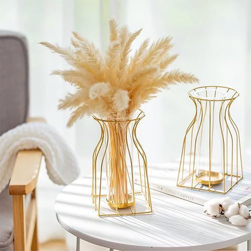 Miniatura 4 de Sziqiqi Jarrones de cristal para centros de mesa con diseño geométrico de metal, florero moderno transparente para decoración, jarrón decorativo