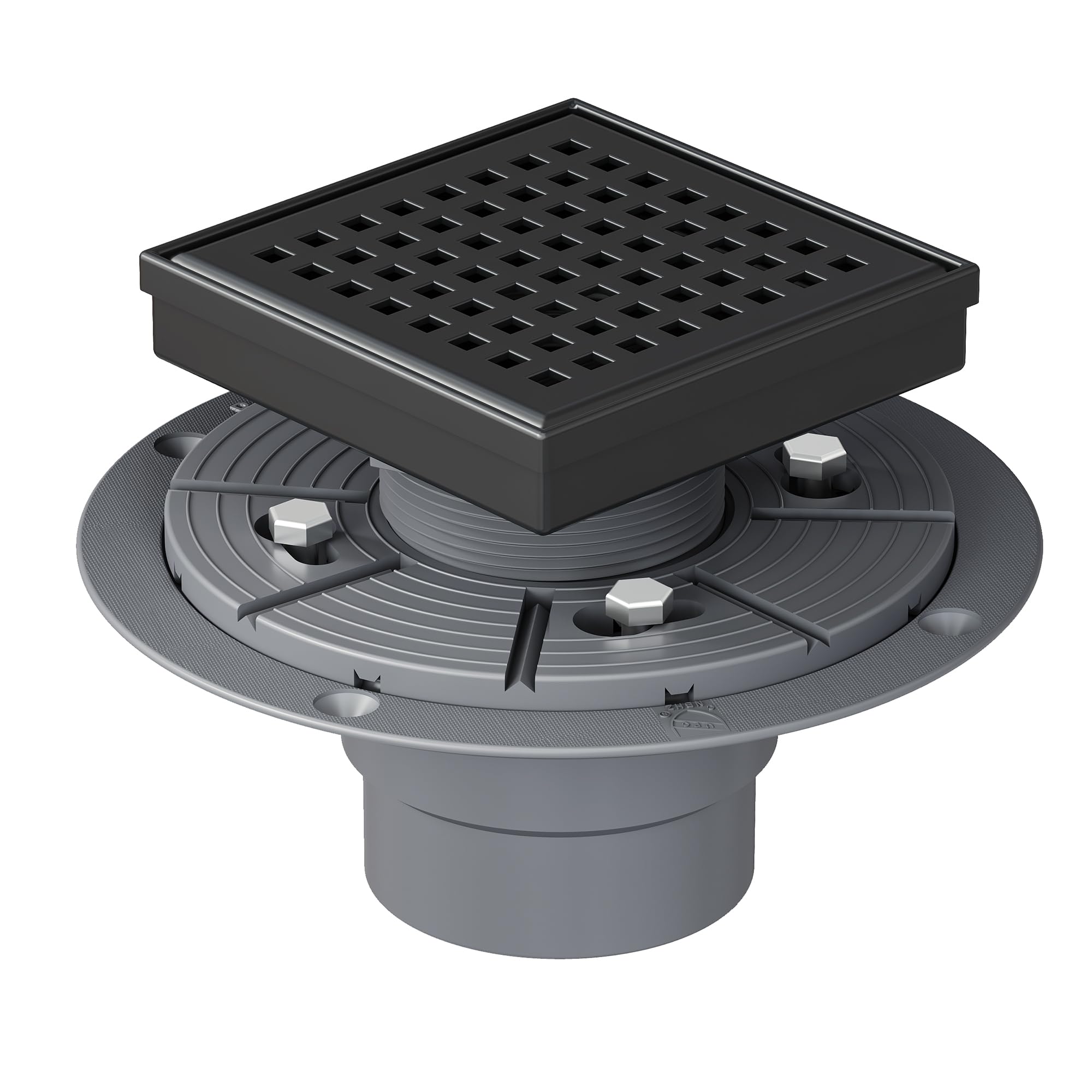 Neodrain 4 Inch Black Square Drain, 304 Stainless Steel Shower Drain Kits with PVC Base, Removable Cover Hair Catcher Strainer for Bathroom Floor