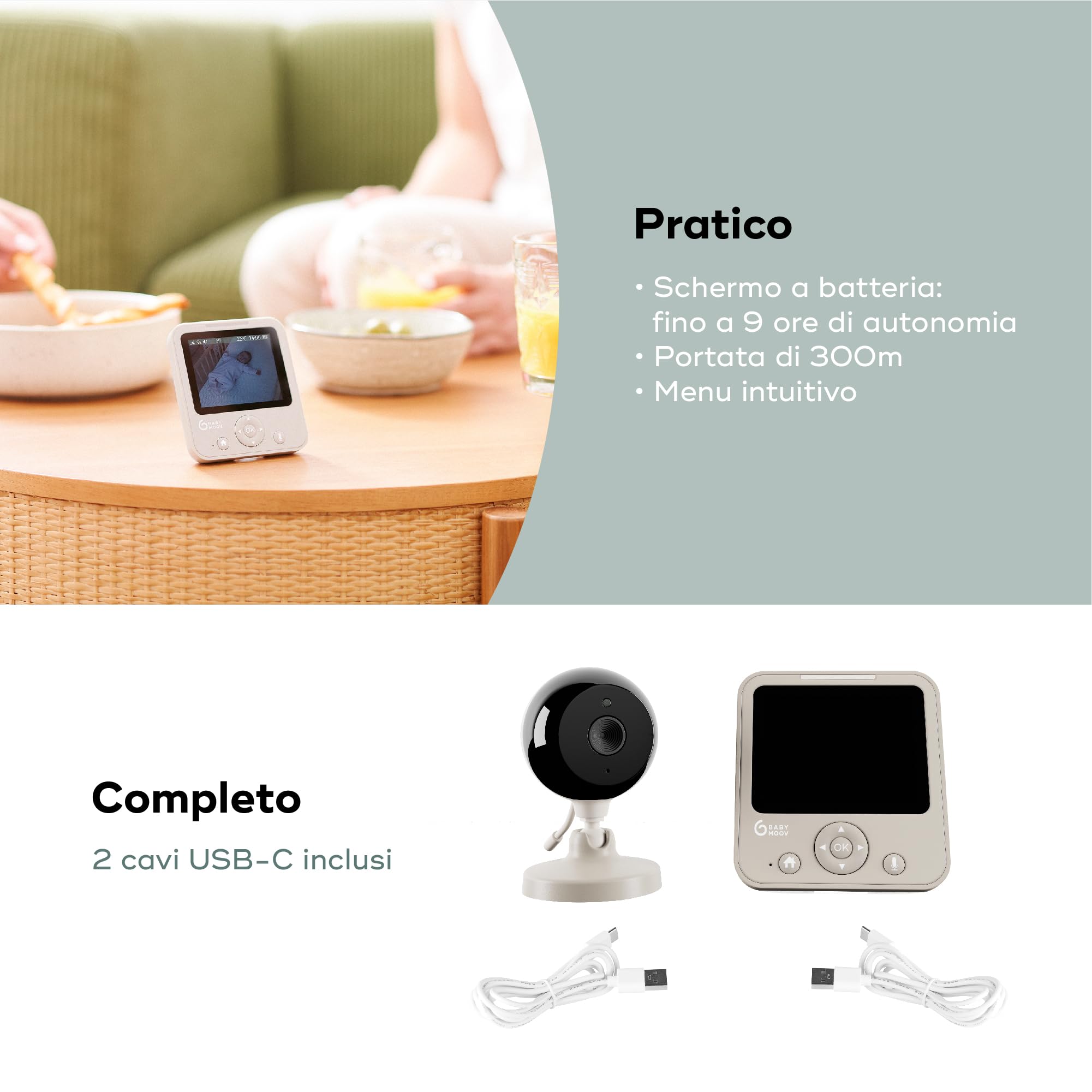 Babymoov Video Baby Monitor YOO Start, Portata 300m, Senza Wi-Fi | Schermo a Batteria - Visione Notturna, Talkie Walkie e VOX - 8 Ninne Nanne e Termometro - Garanzia a Vita