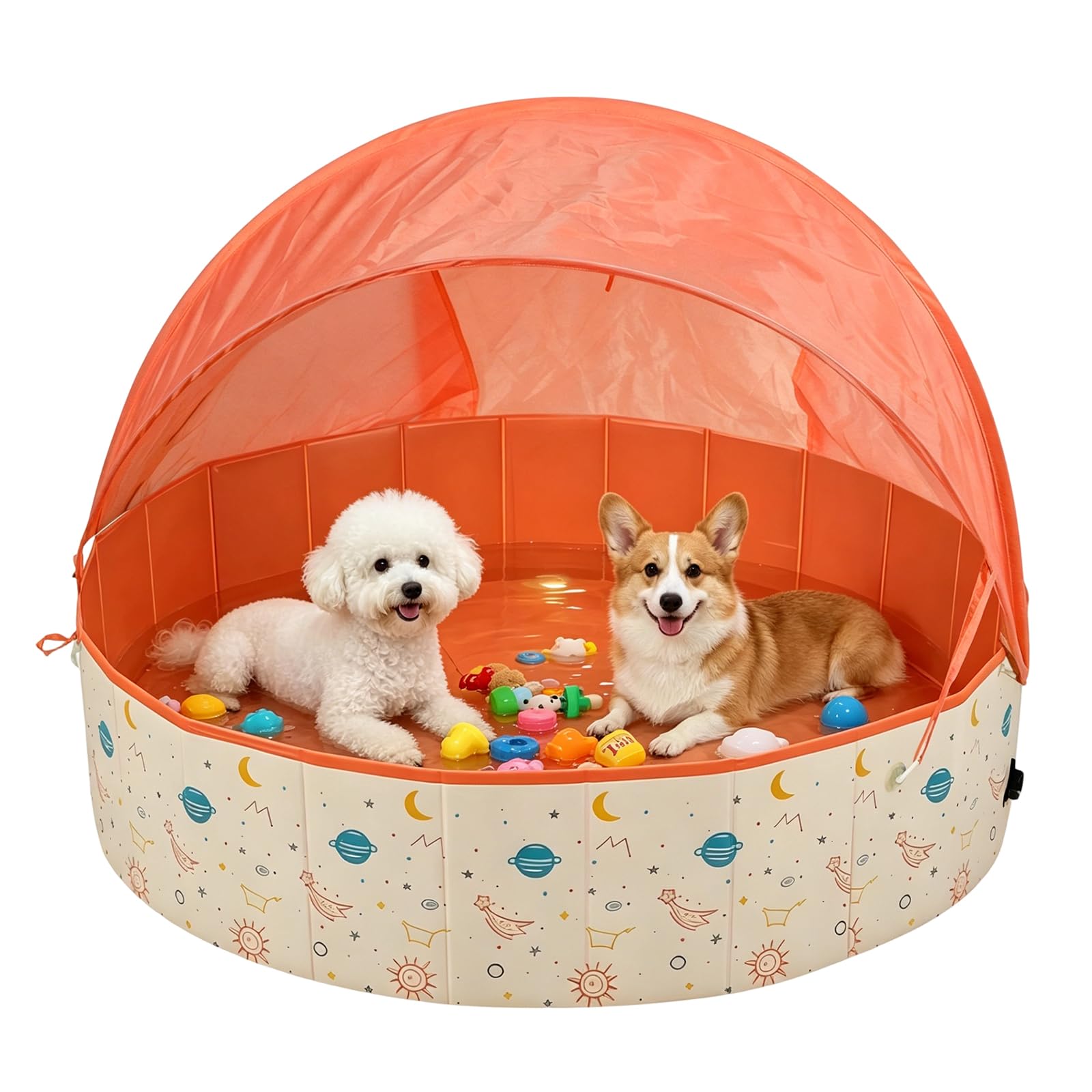 Hundepool Faltbar mit Sonnendach, 120x30cm Hundebadewanne mit Ablaufventil, rutschfeste Verdicktes PVC Planschbecken für Große Hund & Kinder, Tragbarer Hundeplanschbecken (Orange)