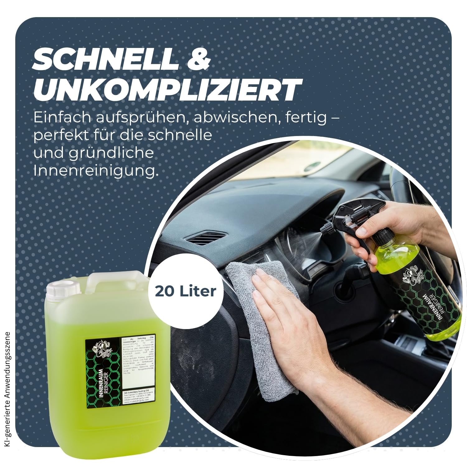 Innenraumreiniger 20L - Allzweckreiniger für Kunststoff, Leder & Stoff - Rückstandsfreies Mattes Finish - Sanft & effektiv