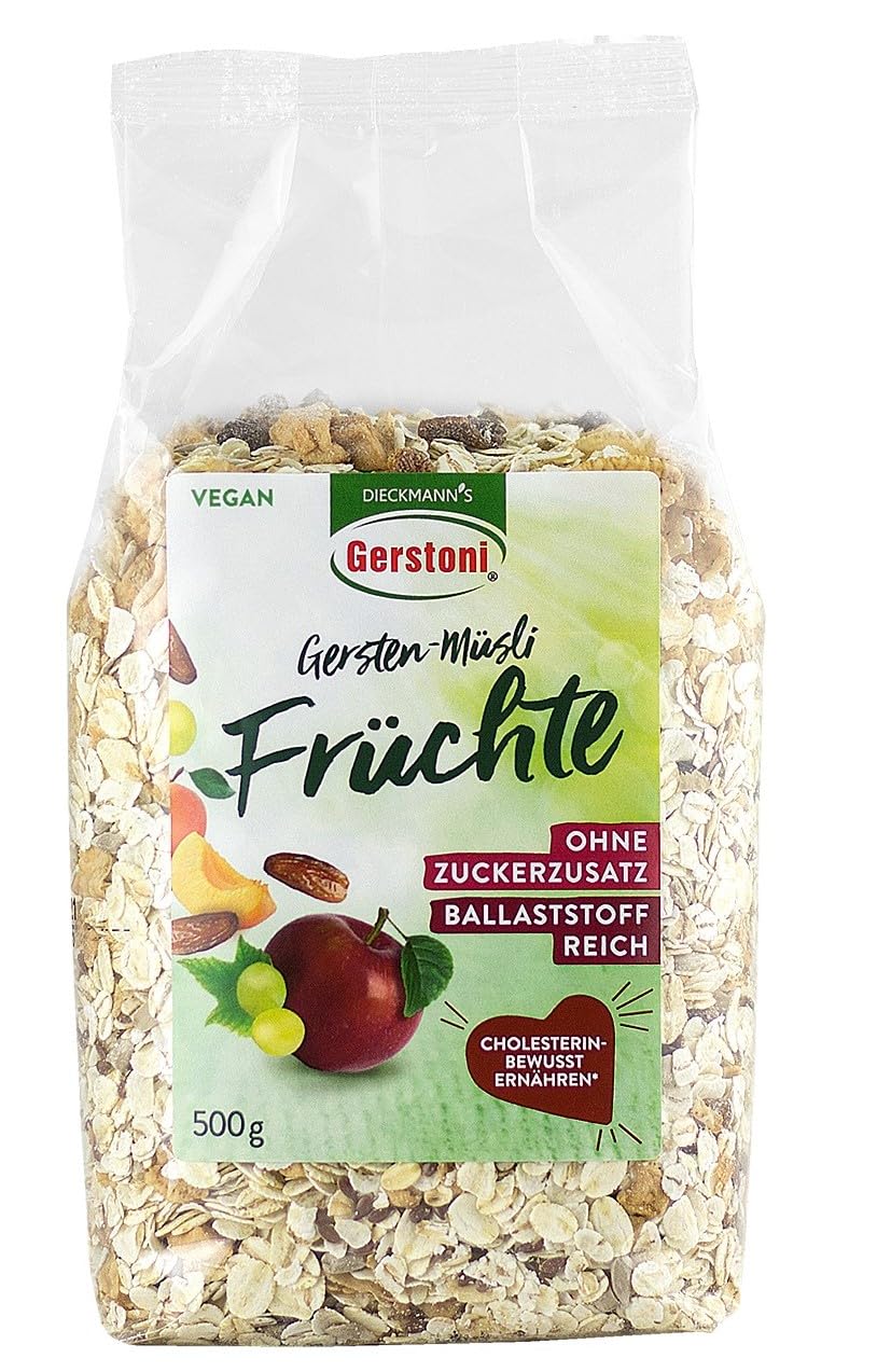 Gerstoni Gersten-Müsli Früchte 12x500g - Ballaststoffreiches Früchtemüsli ohne Zuckerzusatz - Premium-Gerstenflocken regional angebaut - mit pflanzl. Beta-Glucan für Genuss & Wohlbefinden