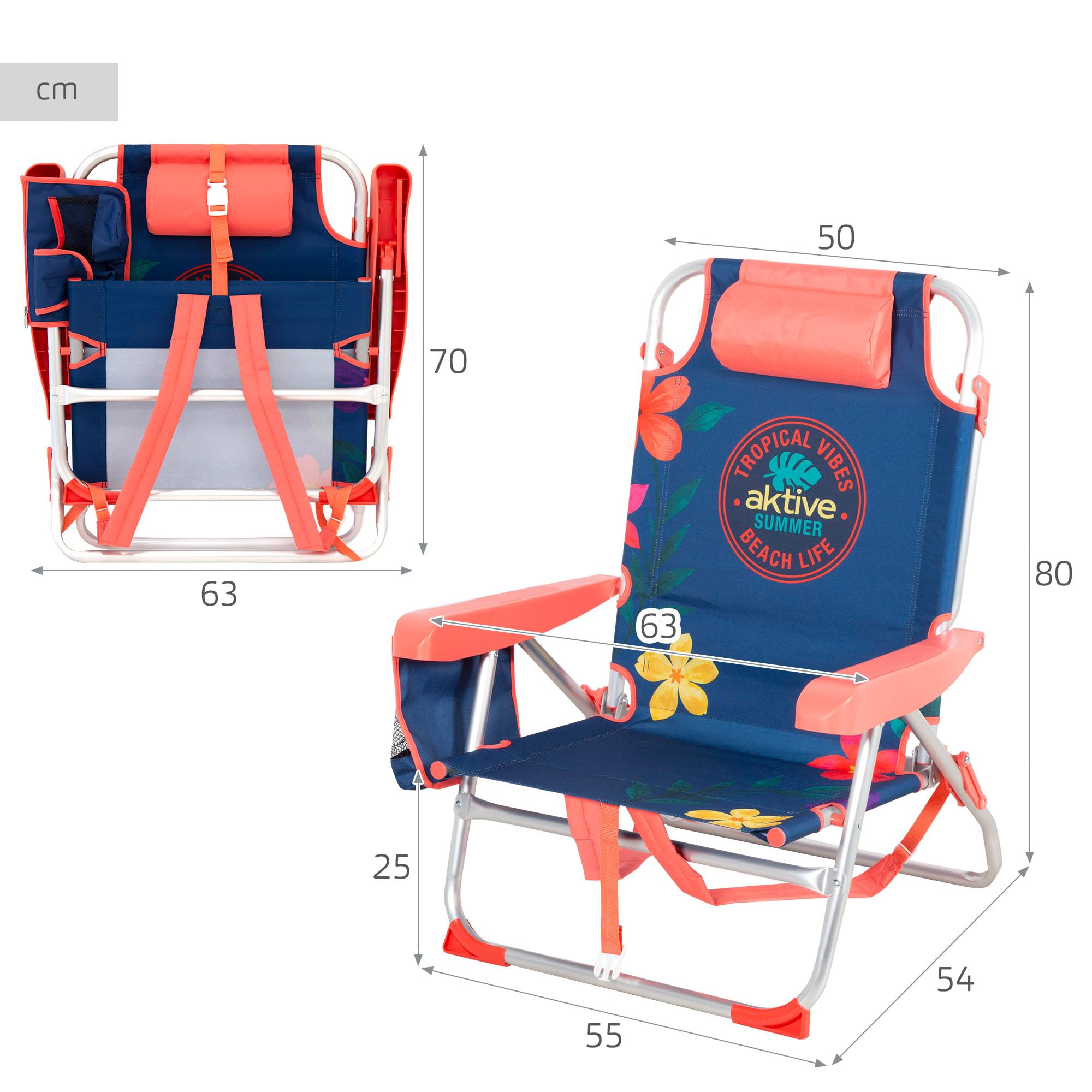AKTIVE Silla de playa plegable reclinable, 50x54x80 cm, 5 posiciones, Reposacabezas acolchado, Bolsillos y asas mochila, Silla baja playa, Resistente hasta 110 kg (62512)