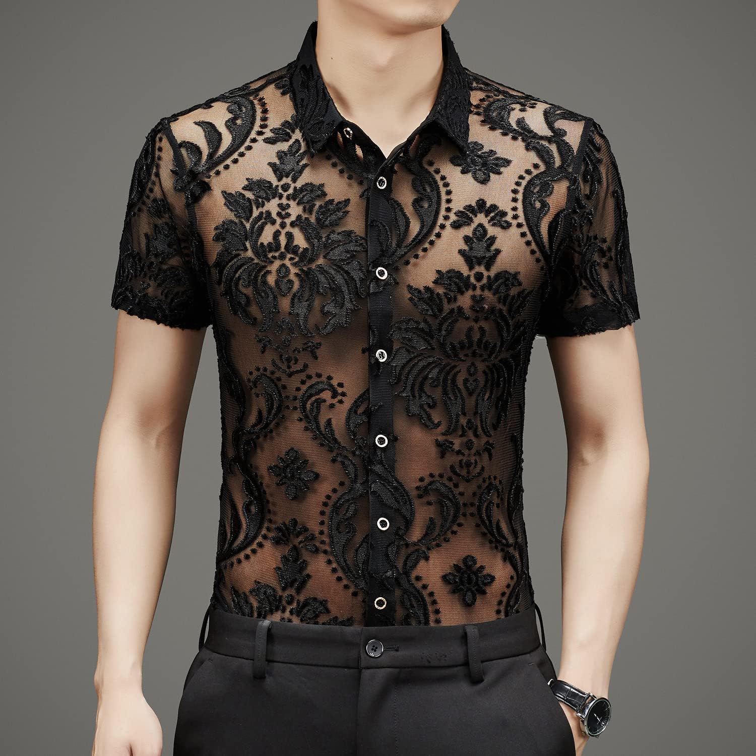 Men Women See Through Shirts Sexy Short Sleeve Night Club Fishnet Lace Shirt - Image 3