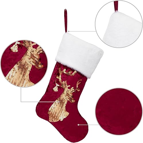 Miniatura 4 de GEX Paquete de 6 medias de Navidad para la familia de 20 pulgadas, lentejuelas doradas y plateadas, terciopelo rojo y verde con bordado de piel