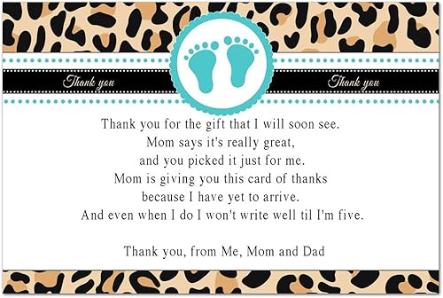 30 tarjetas de agradecimiento unisex Baby Shower Leopard Teal Footprints tarjetas de papel fotográfico
