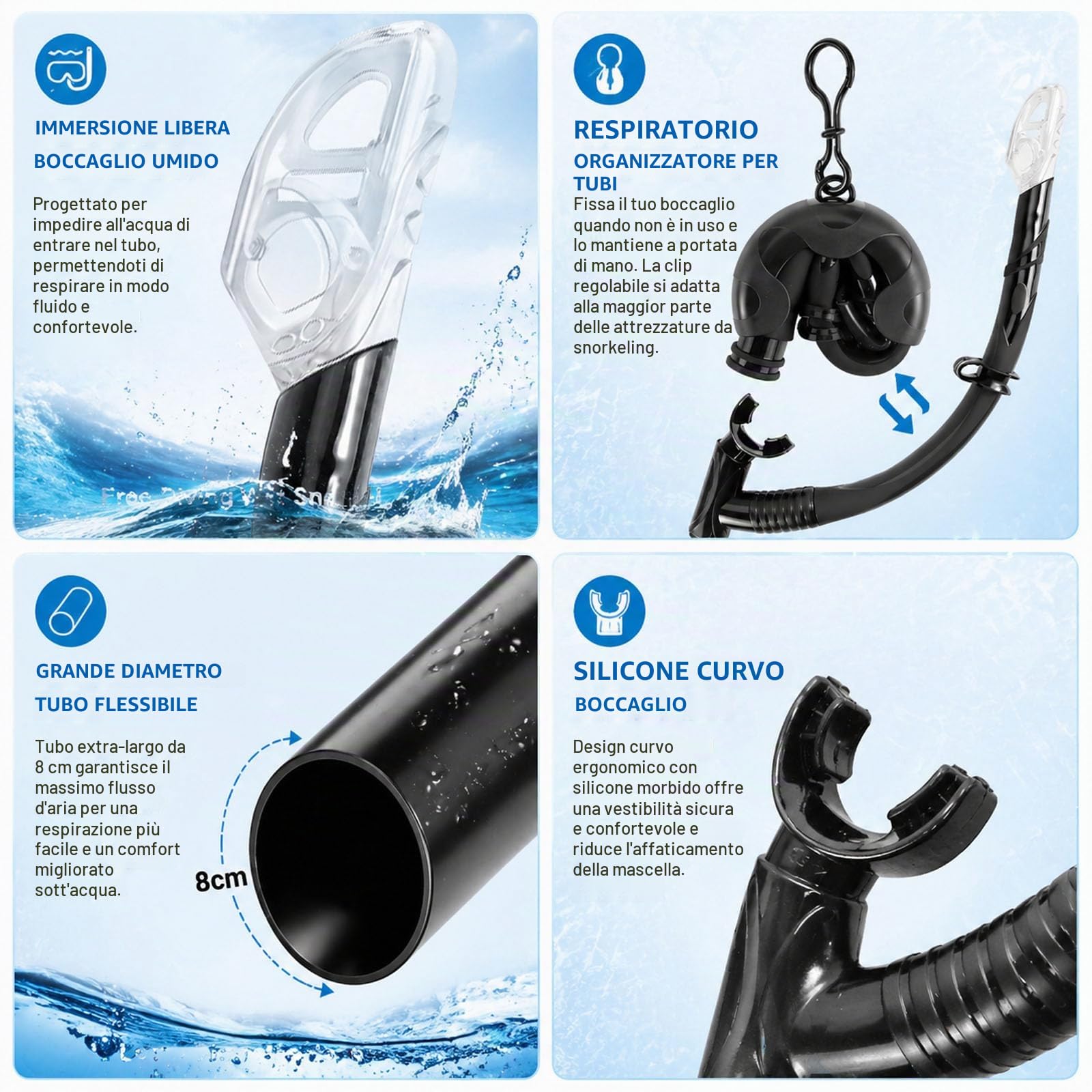 Set Snorkeling Per Adulti,Maschera Senza Cornice Con Vista Panoramica,Lente In Vetro Temperato Antiappannante,Boccaglio Asciutto Pieghevole, Attrezzatura Da Viaggio Portatile Con Borsa