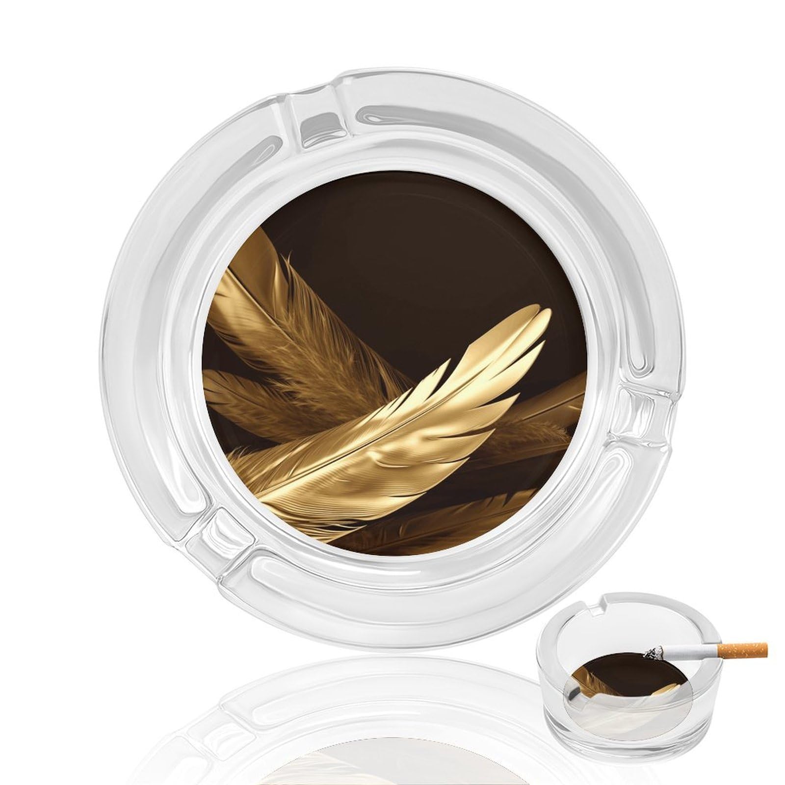 Cendrier rond en verre transparent avec plumes dorées pour cigarettes