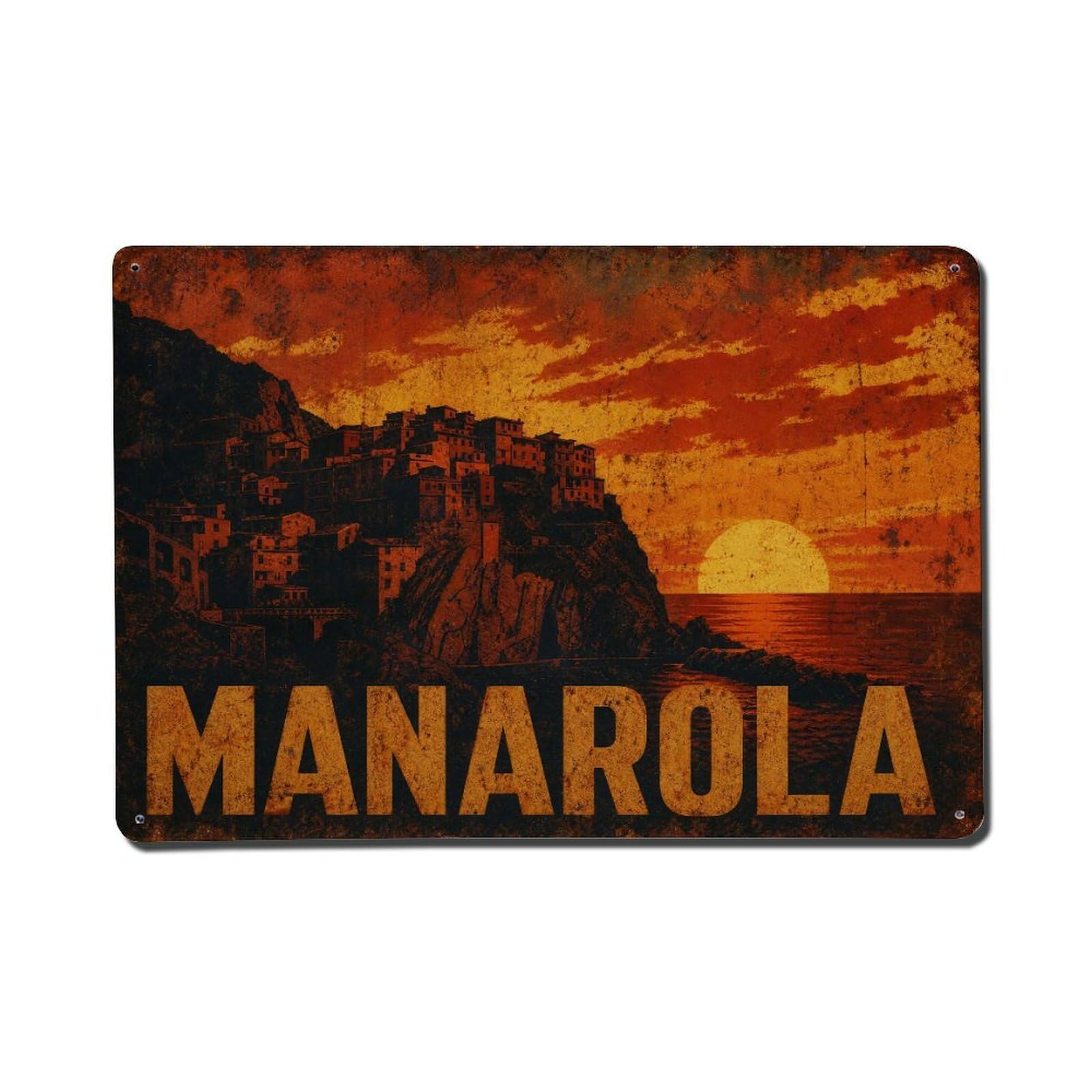 Vintage Travel Manarola Sunset Silhouette Dramatic Outline Metal Tin Sign