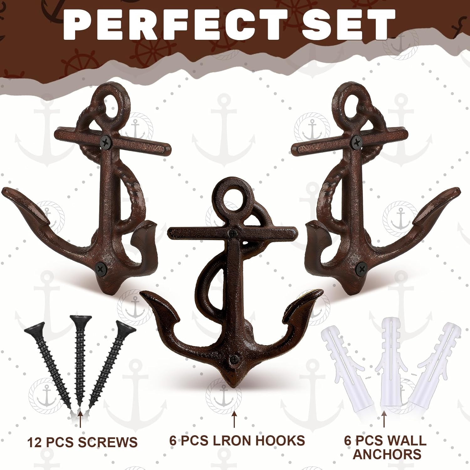 6 Pcs Cast Iron Nautical Anchor Hook with Screws Nautical Wall Decor Rustic Solid Cast Iron Outdoor Coat Hooks 5-1/4 Inch Tall for Coats Bags Keys Hats - Image 4