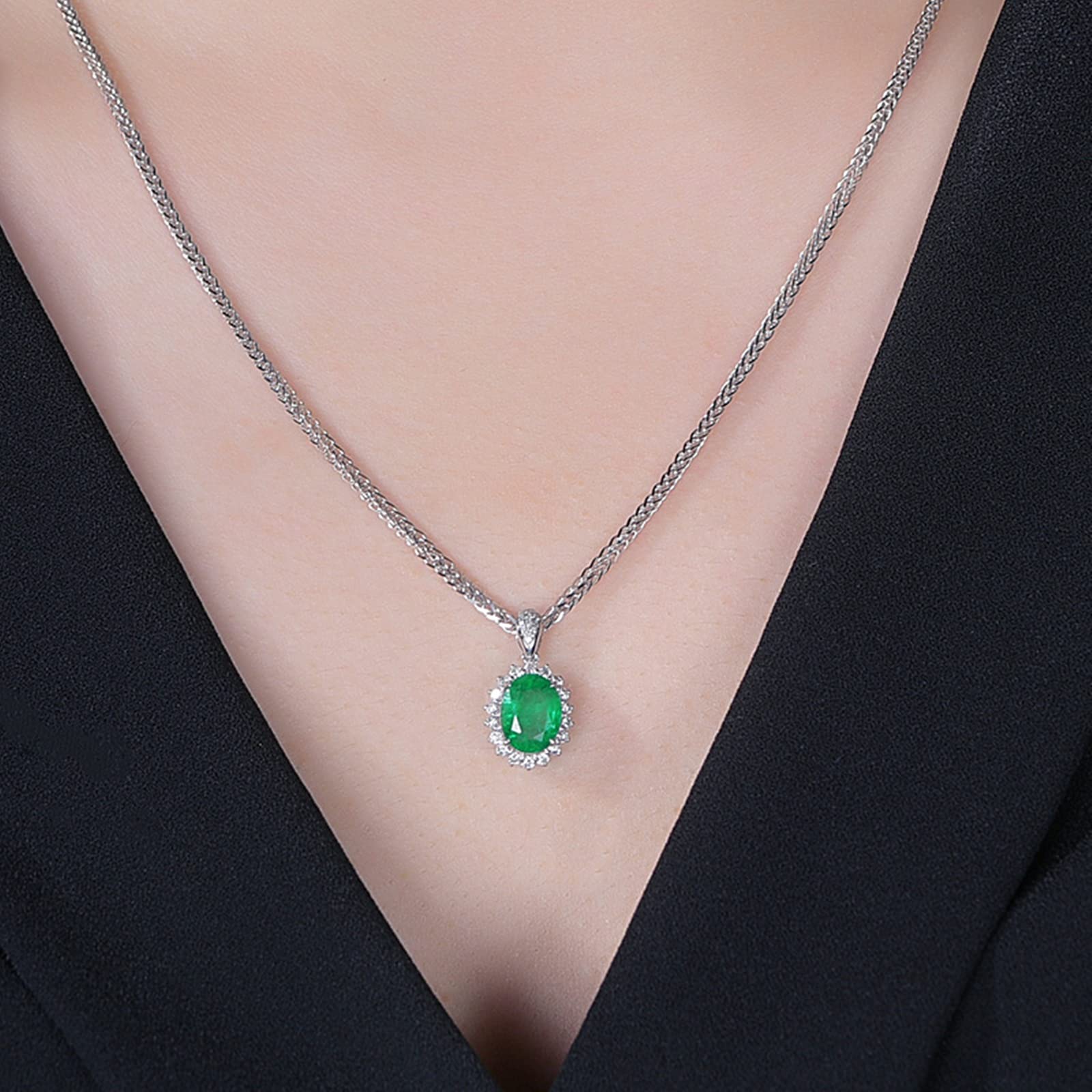 Delicado Collar para Mujer, Flor con Esmeralda Ovalada creada en Laboratorio de 1 quilate/2 Quilates de Oro de 18 Quilates/Plata de Ley 925, Collares con Colgante para niñas, Regalo para el día de la
