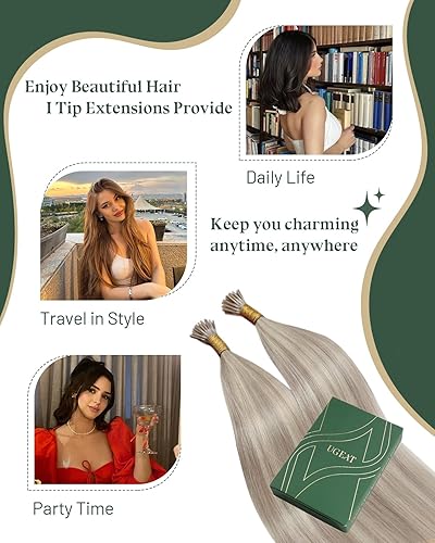 Miniatura 7 de Ugeat I Tip - Extensiones de cabello humano con queratina de 18 pulgadas, extensiones de cabello humano #P1813 rubio ceniza con reflejos rubios