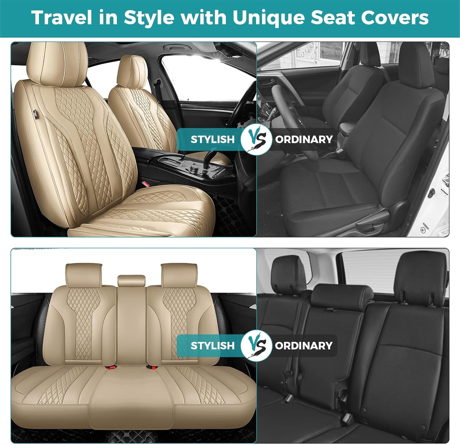 Leather Car Seat Covers Full Set, Breathable Faux Leather Seat Covers for Cars SUV Sedan Waterproof Beige
