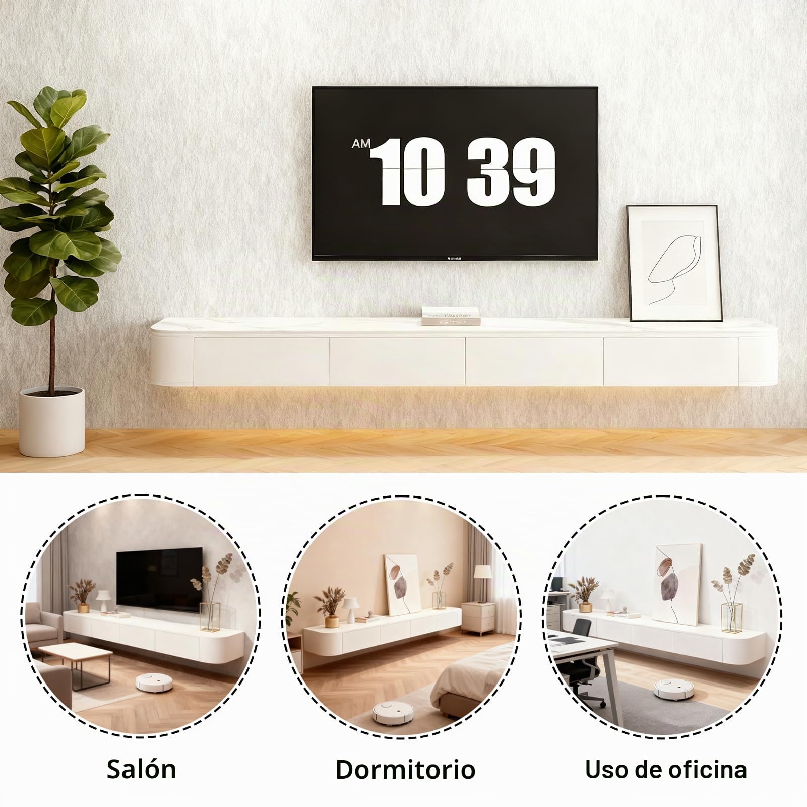 Mueble De TV, Unidad De TV Flotante, Mueble Bajo para TV De Pie O Colgante, Estantes Flotantes con Cajón, Consola Central De Entretenimiento Moderno(Blanco,140x24x20cm)