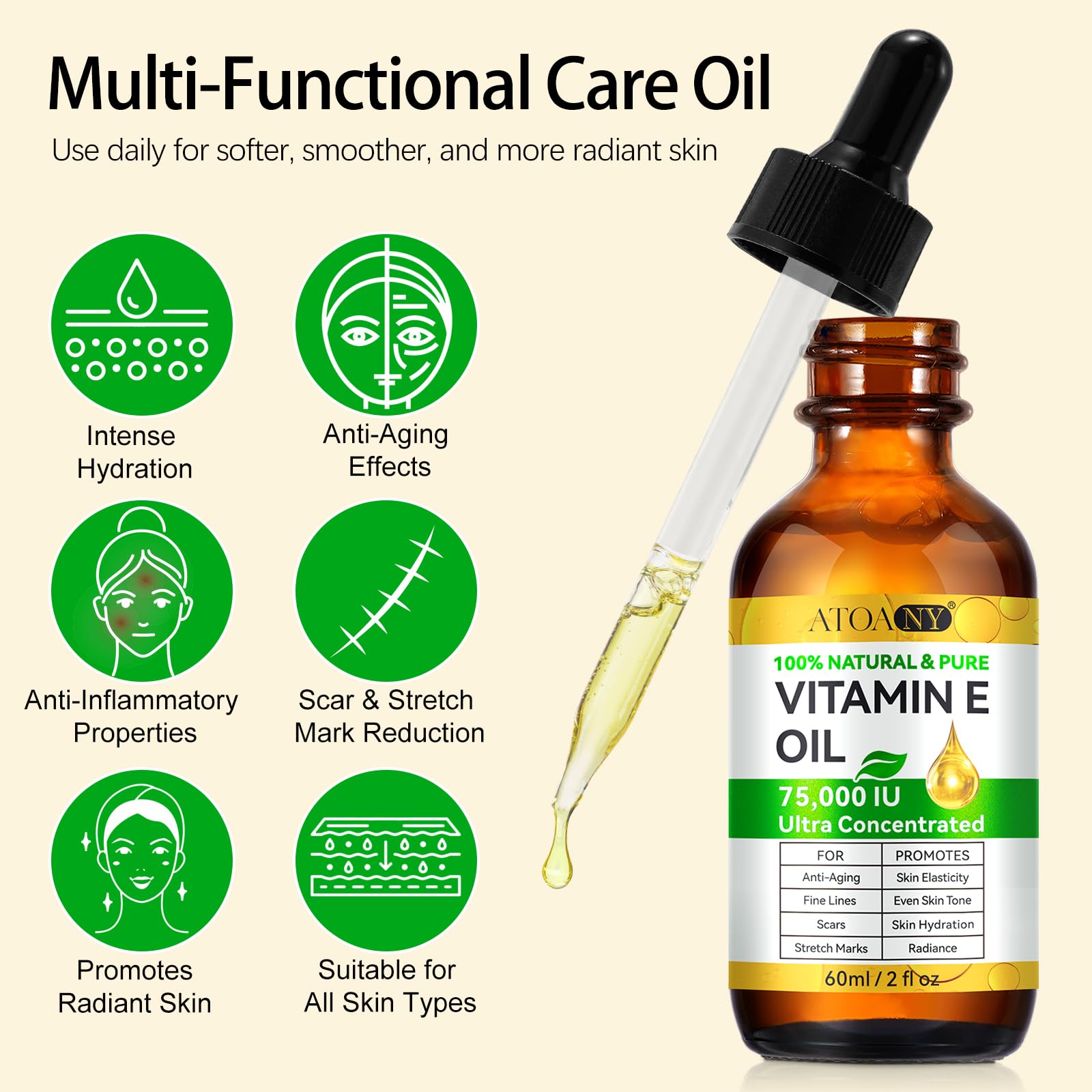 Pure Vitamin E Oil for Skin, Natural Organic Vitamin E Oil for Body, Scars & Cuticles, Hair & Face – Cold Pressed, Cruelty Free Skin Repair & Moisturizing Solution, Easy to Absorbed (1 szt. 60 ml)