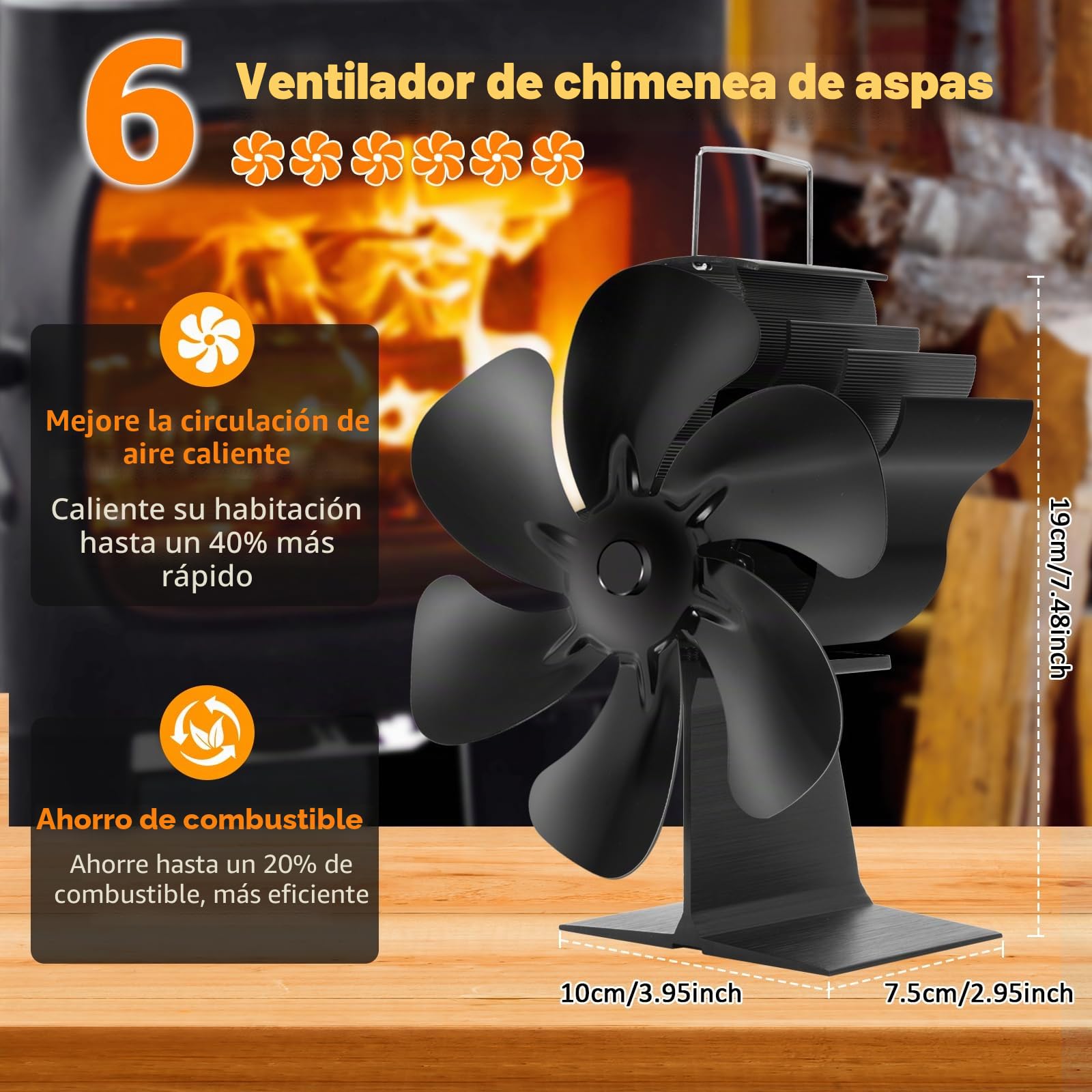 Lvelfe Ventilador de estufa sin electricidad, ventilador de chimenea de 6 aspas, ventilador de chimenea silencioso, ventilador de estufa y chimenea con termómetro para estufa de leña, leña, lugar de