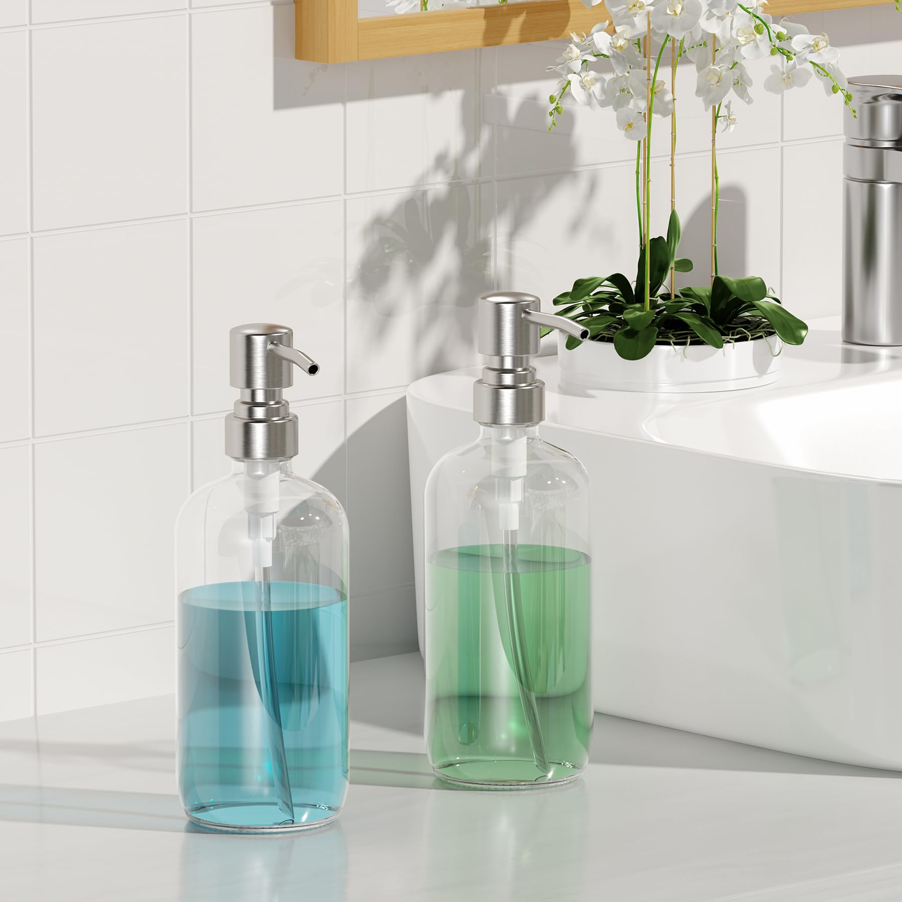 Dispensador de jabón, paquete de 2 dispensadores de jabón de vidrio con bomba de acero inoxidable, botellas de jabón de manos de 17 onzas, baño y cocina, transparente 7
