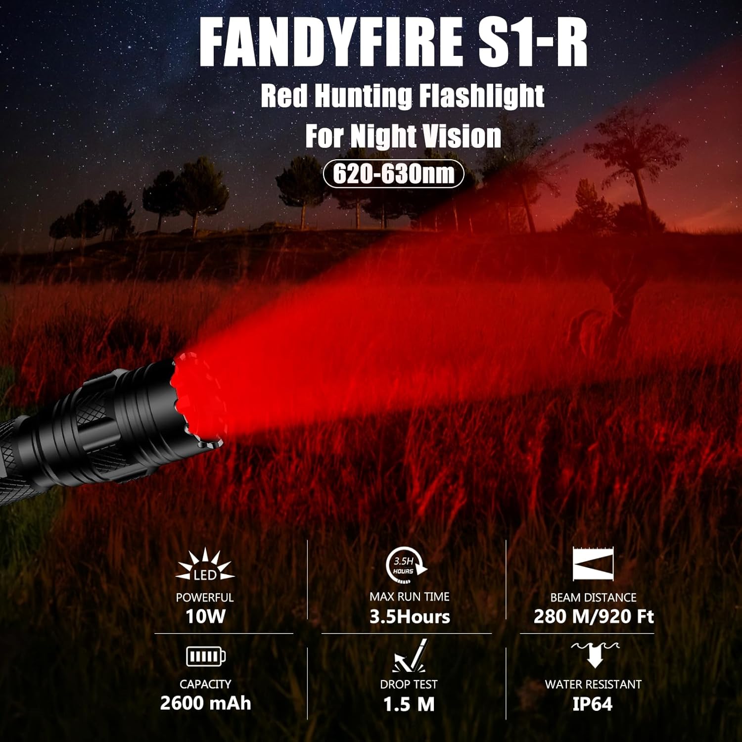Tactical Red Light Flashlight,620-630nm Bright Rechargeable Single Mode LED Red Flashlight for Night Hunting Observation & Coyote Predator S1-R