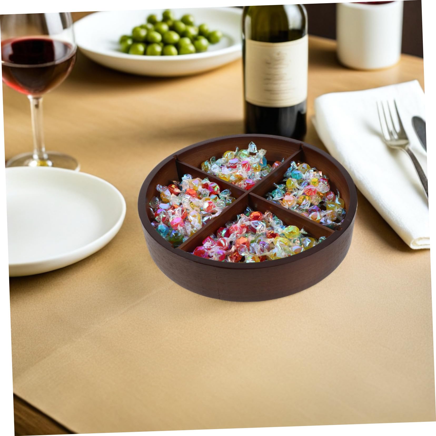 ABOOFAN Plateau à Fruits Secs Rond avec Couvercle Plateau Compartimenté de Noyer pour Noix Bonbons et Fruits Secs Boîte de Rangement à Sections pour Partages Famille et Réunions