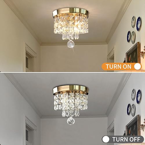 Miniatura 6 de Mini Crystal Chandelier Modern Chandelier Gold Crystal Ceiling Flush Mount Light Fixture Chandelier 8" x 7.4" Round Hanging Pendant Lamp for Dining