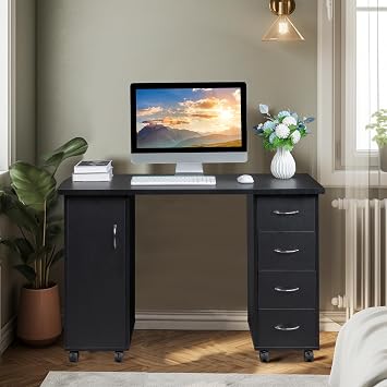 Black 47" Computer Desk with 4 Storage Drawers and Door, Mobile Home Office Desk Study Writing Desk with Smooth Wheels, Space Saving Compact Desk for Dorm Apartment, Rolling Desk Table 120 x 54 x 80CM