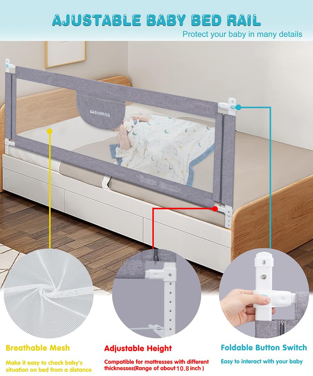 MBQMBSS Rieles de cama para niños pequeños – 60 pulgadas, 70 pulgadas, 80 pulgadas, protector de riel de cama de bebé extra largo con correa en Y para niños individuales, dobles, matrimoniales, tamaño