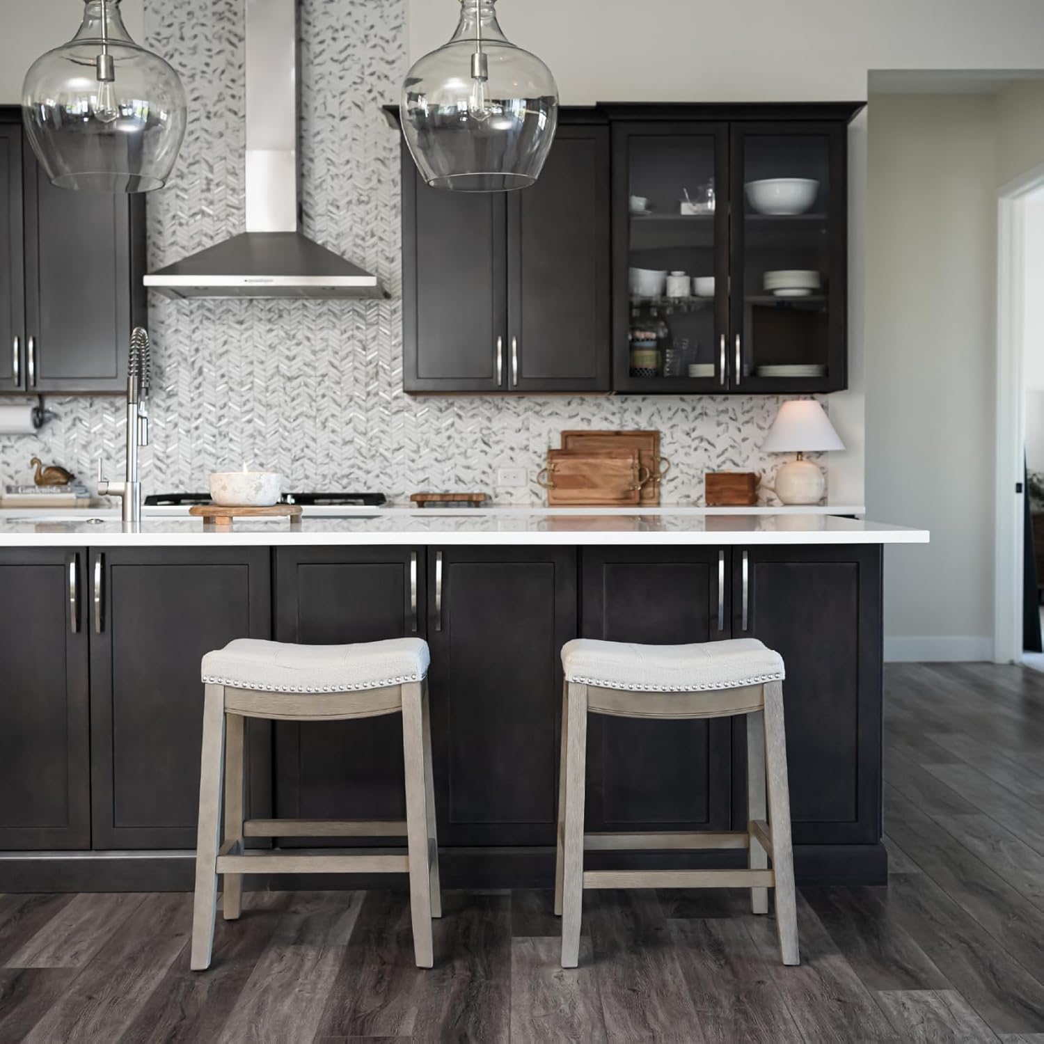 Maven Lane Sophia Backless Counter Stools 26 Inches Set of 3 – Saddle Stools with Footrest – Grey Solid Wood and Grey Fabric Upholstery – Ideal for Kitchen Islands and Counters